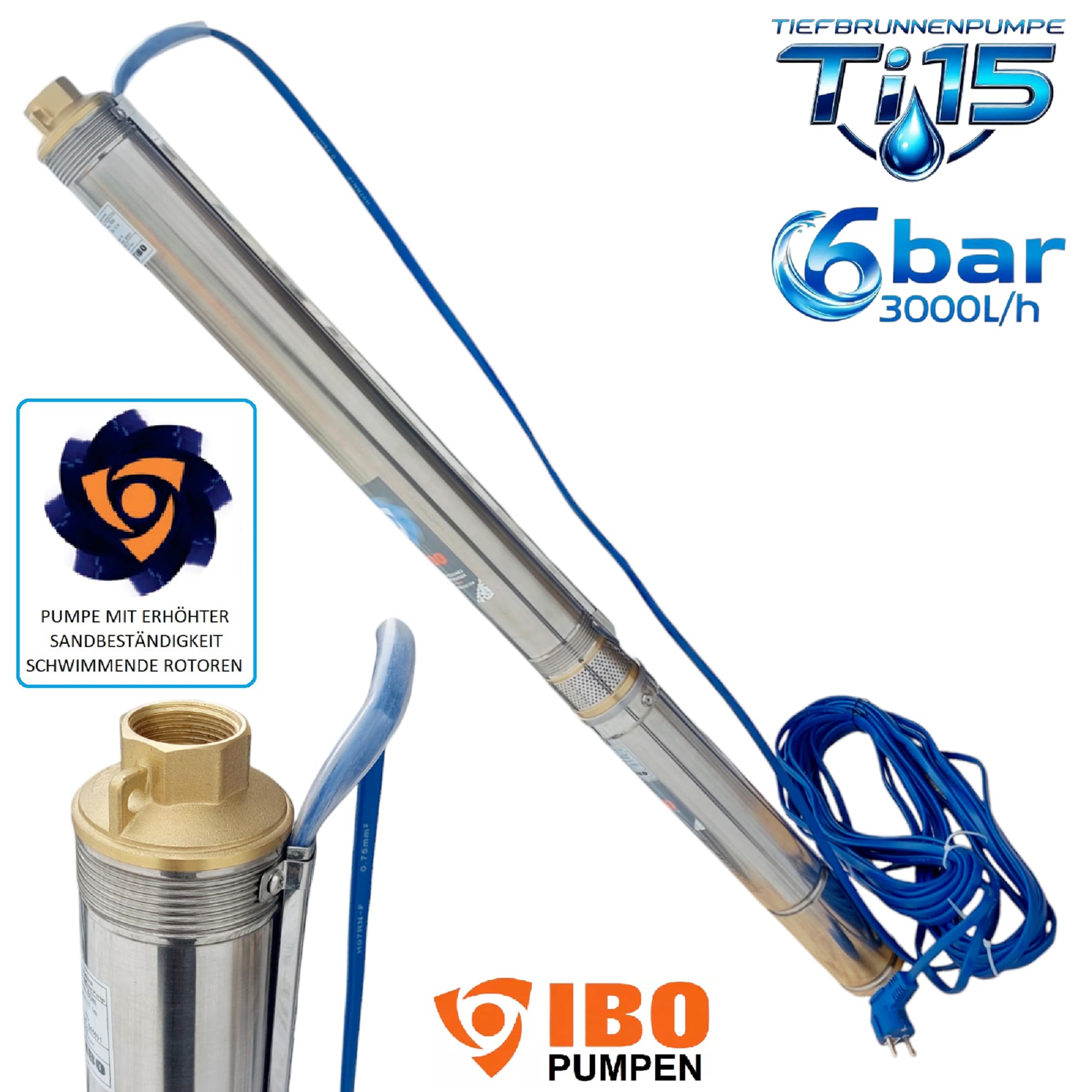 Firma PAG Turbo GmbH® - Hochwertige energiesperende 3" Edelstahl Tiefbrunnenpumpe 3000l/h - 6,0 bar sandverträglich bis 5% Typ 3"Ti15