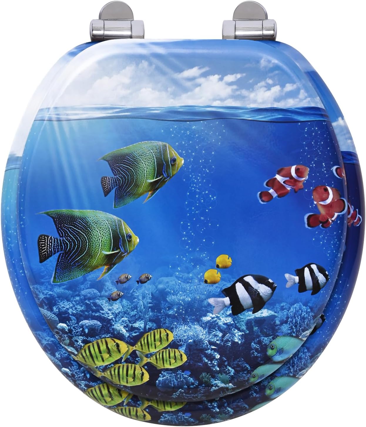 Round Wooden Toilet Seat with Durable Soft Close Metal Hinges, Quiet and Slow Close Wood Toilet Seat with Colored Decorative Patterns, Easy Clean and Install