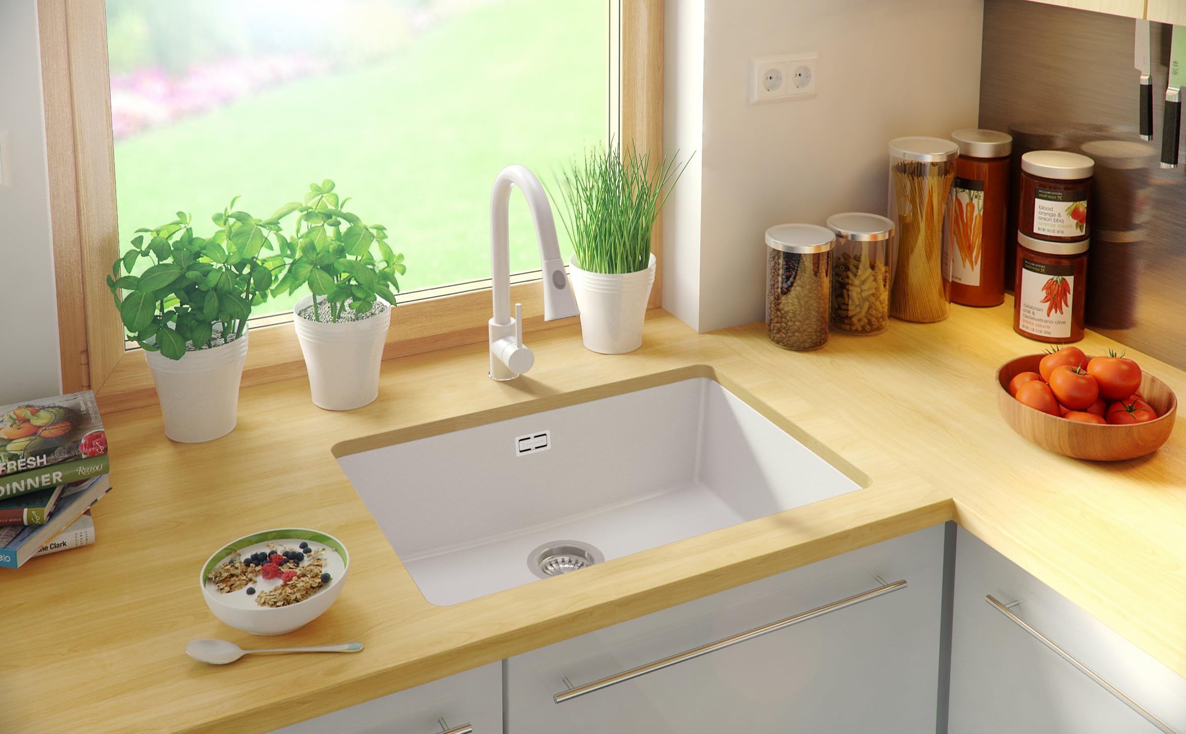 PRIMAGRAN Fregadero bajo Encimera Blanco - London, 66x47cm | Cocina 1 Seno + Sifón, Granito al Mueble 70cm (S388)