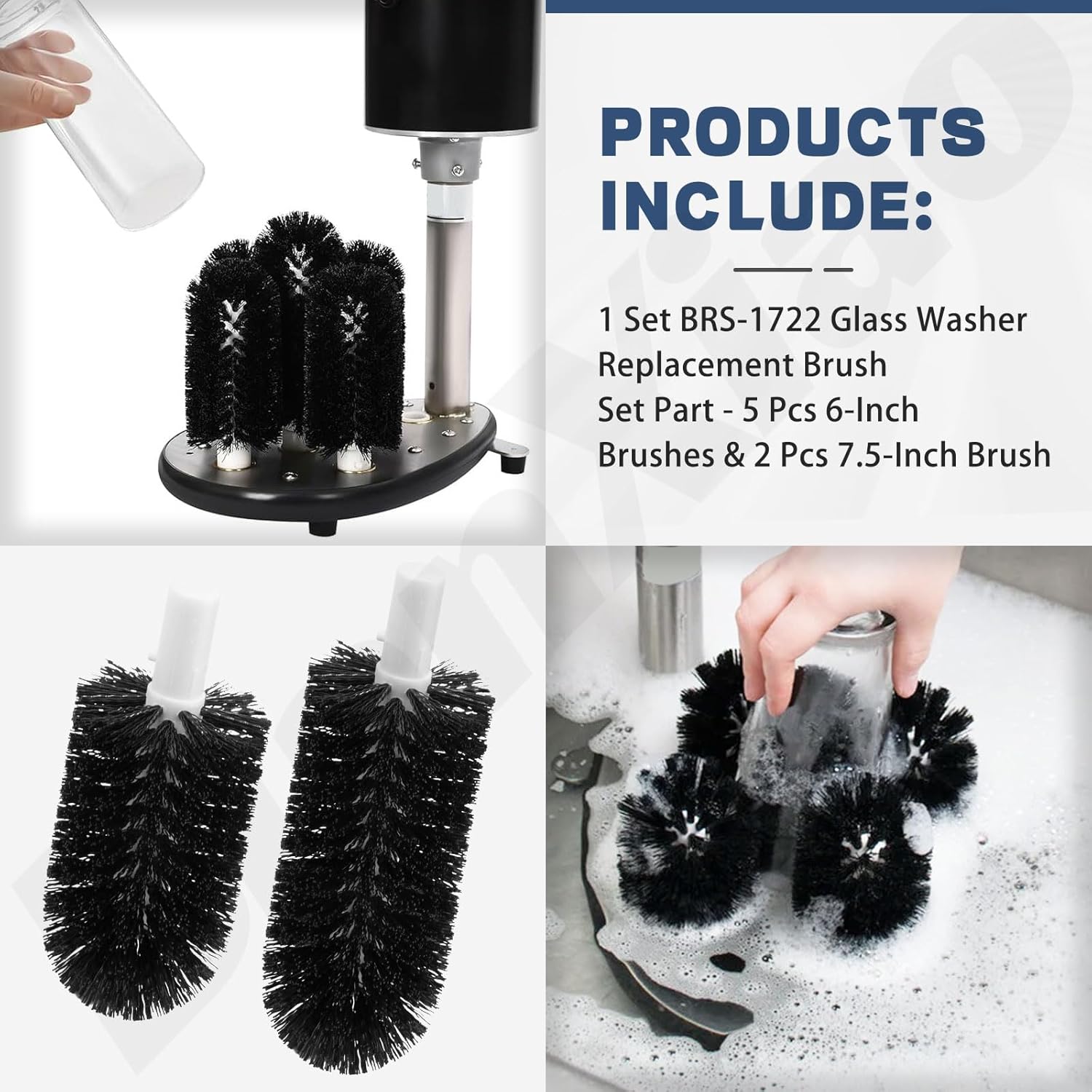 Glass Washer Replacement Brush Set Part BRS-1722 for Bar Maid Glass Washer SS-100 SS-101 A-200 A-205 Standard Brushes Set, 5 Pcs 6" & 2 Pcs 7.5" Brushes Suitable for Cleaning Most Cups