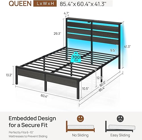 Miniatura 2 de Rolanstar Base de cama Queen con luces LED y estación de carga, cabecera de almacenamiento de madera y almacenamiento debajo de la cama, plataforma