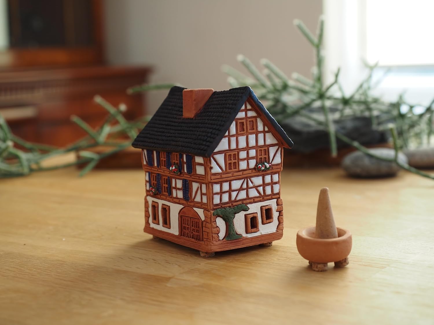 Ceramic Art Cone Incense Holder Room Decoration Handcrafted Collectible Miniature Historical Timbered House in Kaysersberg, Alsace, France R264