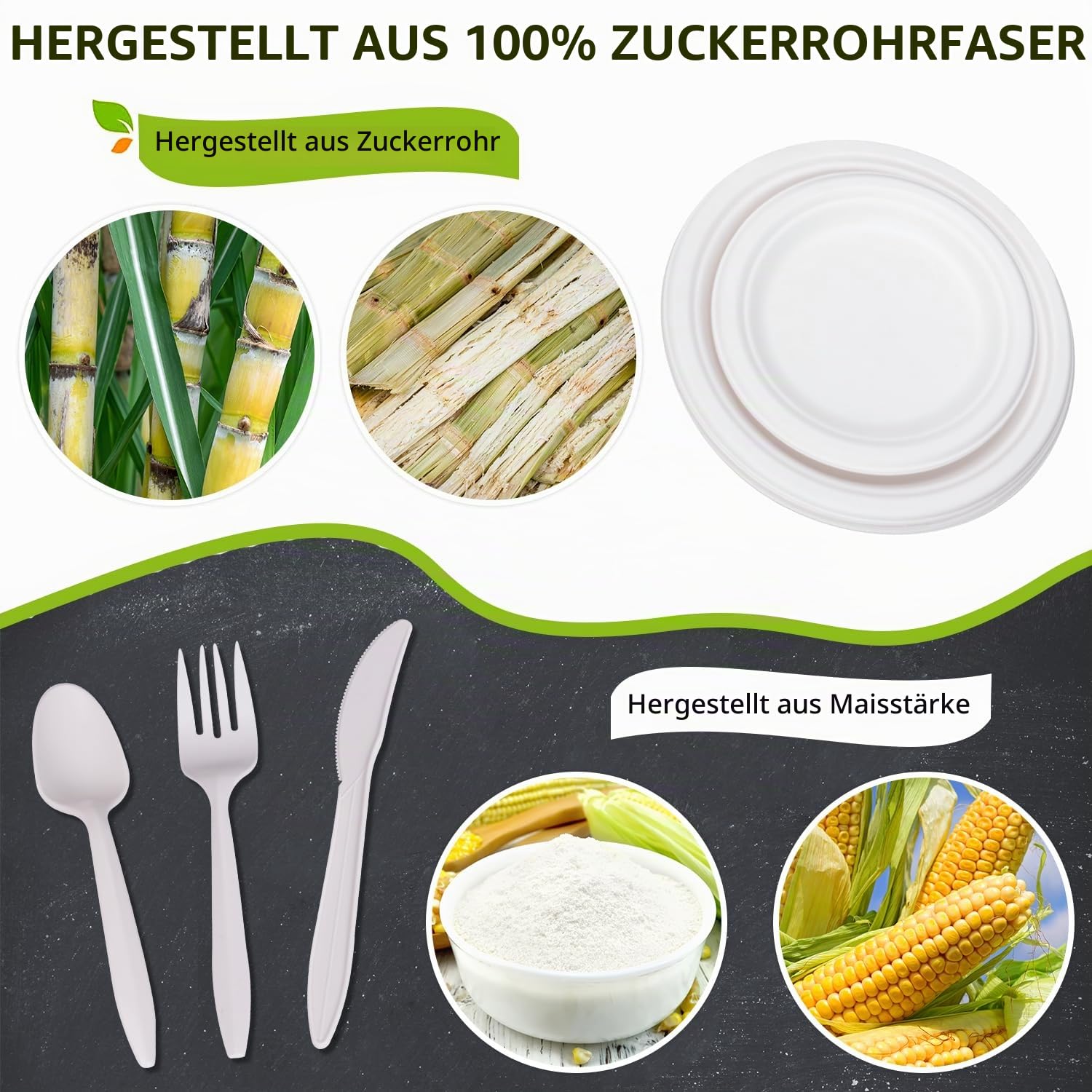 Umweltfreundliche Pappteller, Servietten, Becher und wiederverwendbares Besteck-Set, Geschirr, Essgeschirr-Set für Abendessen, Picknick, Camping, Party, Grillen, 400 Stück