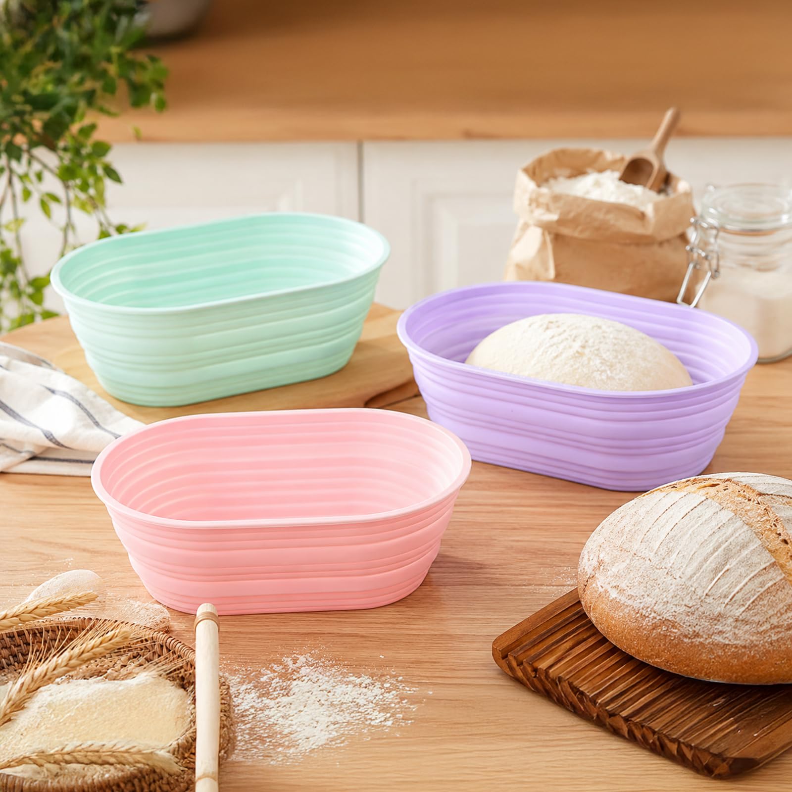 9 cestas de fermentación de silicona ovaladas, 25,4 × 9,5 × 3,3 cm, cesta de fermentación plegable para hornear pan, cestas de fermentación plegables con raspador y lino para panaderos aficionados