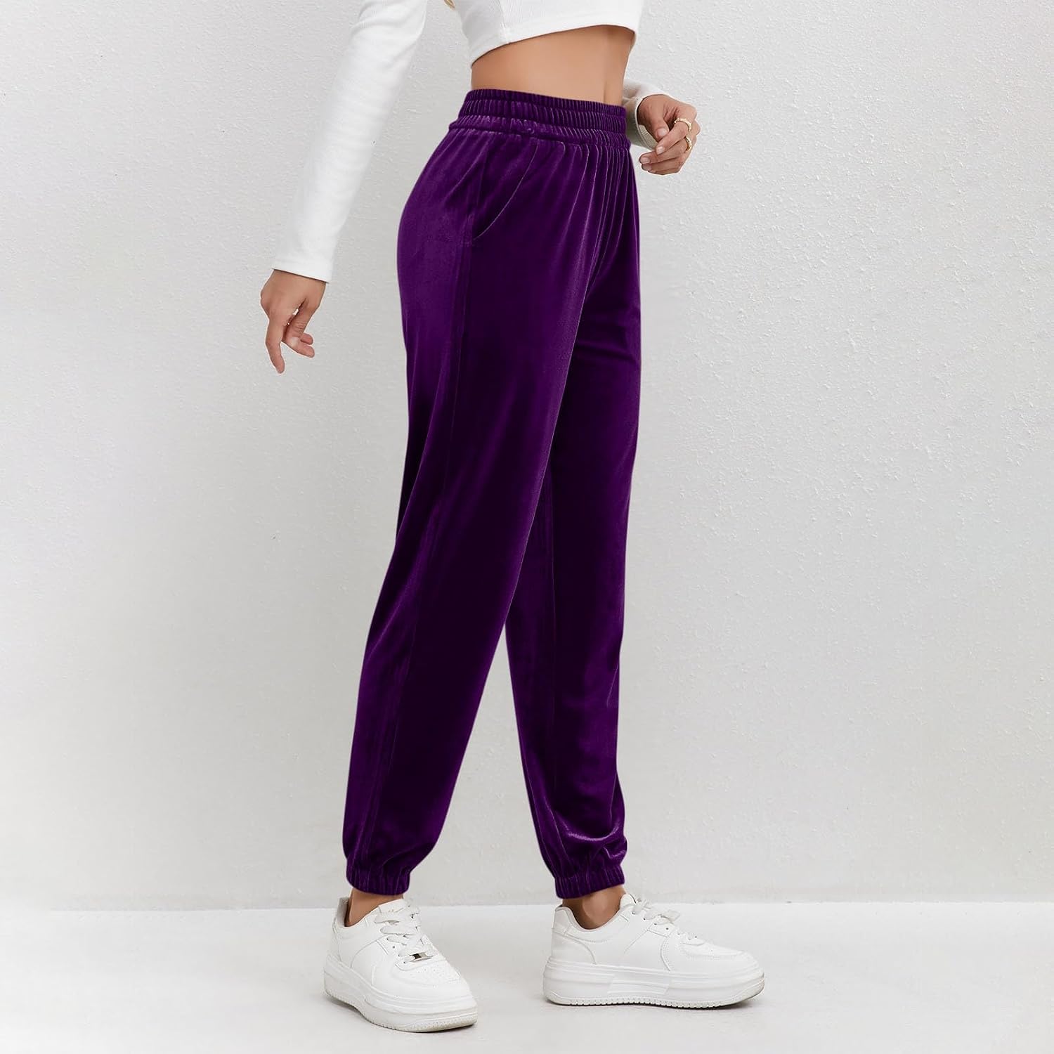 Velvet Pants for Women with Pockets Soft Dressy Casual Elastic High Waist Velour Lounge Sweatpants Formal Slacks