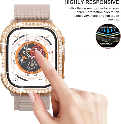 Miniatura 5 de Paquete de 2 + 2 fundas brillantes para Apple Watch Ultra de 1.732 pulgadas, funda protectora JZK 2 rígidas con marco de cristal de diamante + 2