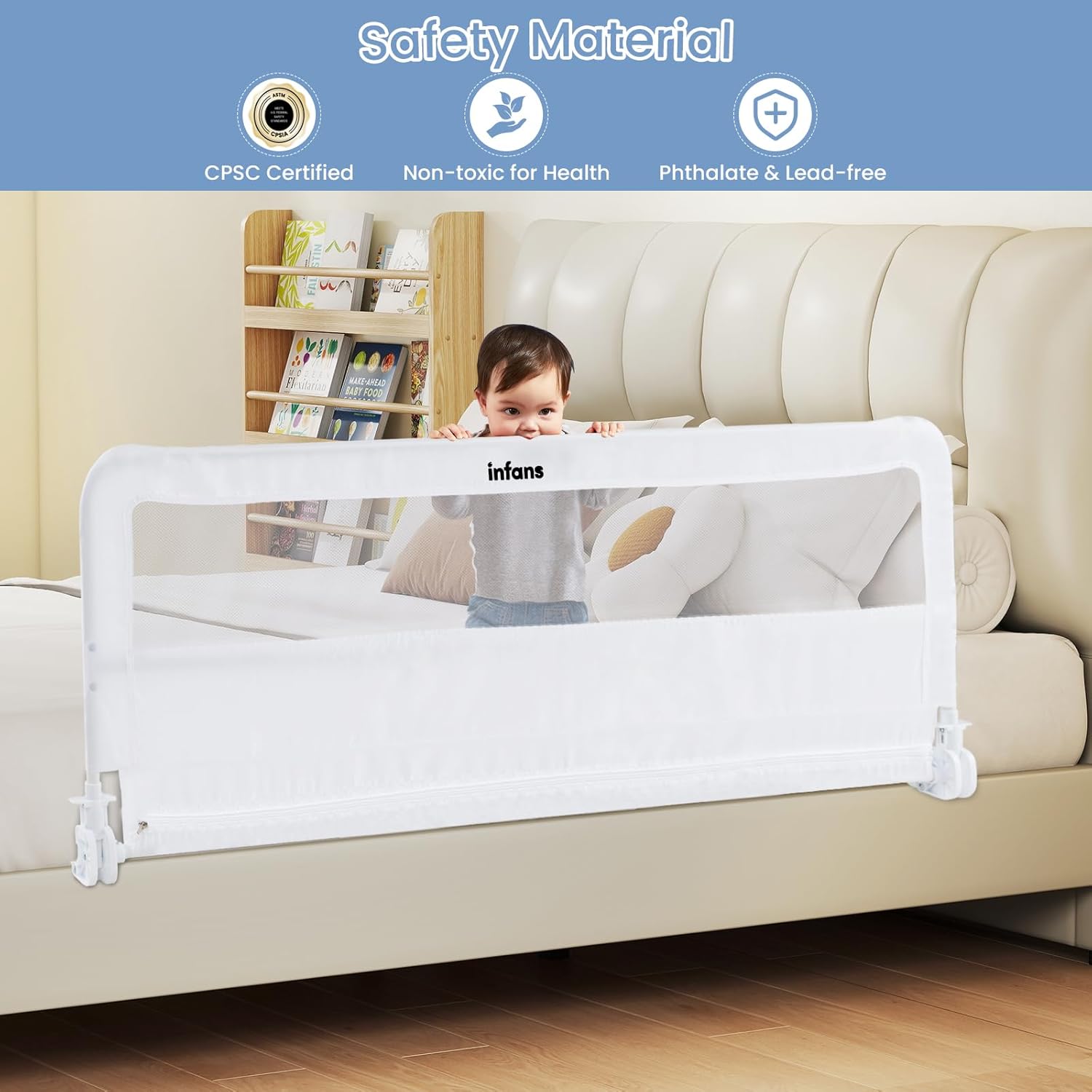 INFANS Bed Rail for Toddlers, 59" Foldable Safety Baby Crib Rail Fit for Kids Twin, Extra Long Swing Down Bed Guardrail for Convertible Crib, Queen, Full, King Mattress Side Guard (White)