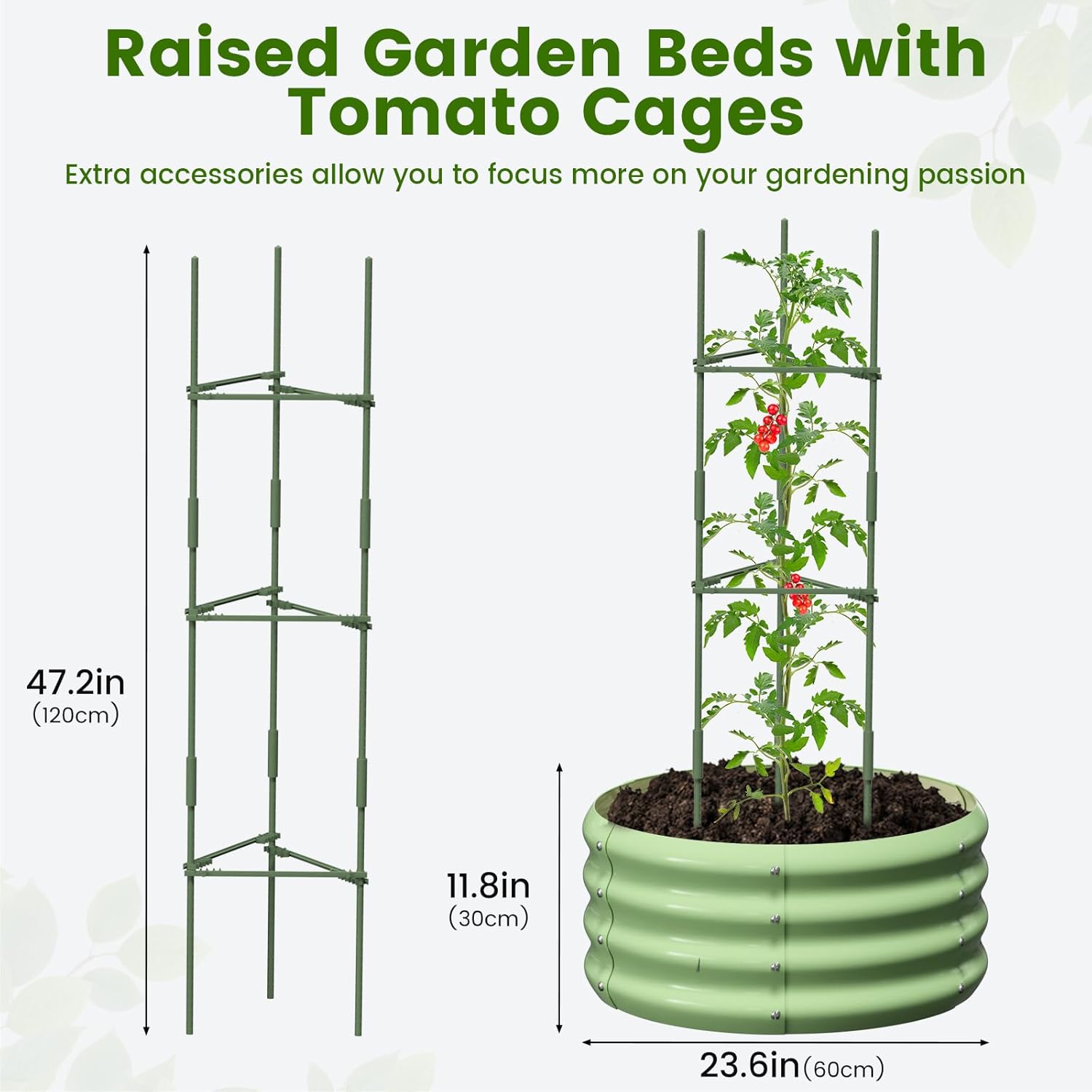 3 Pcs 2x2x1ft Round Galvanized Raised Garden Bed Kit with Tomato Cages, Metal Planter Box Outdoor Raised Garden Beds for Gardening Vegetables Flowers, Green