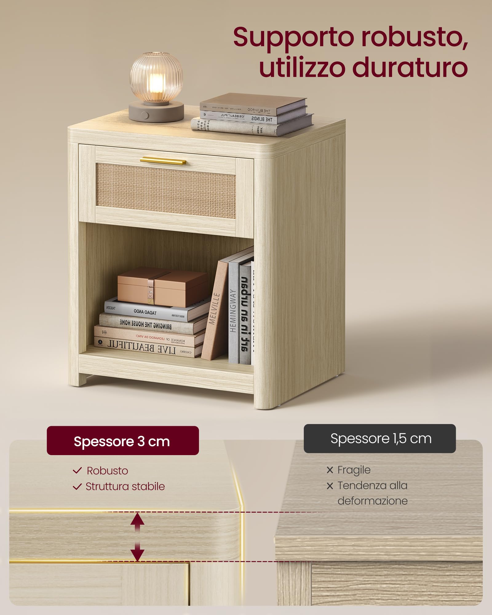 VASAGLE ELLAN Collezione - Comodini Boho con Cassetto Effetto Rattan, Set di 2, Tavolini con Scomparto Aperto, Angoli Arrotondati, Camera da Letto, Beige Naturale LET818LC01