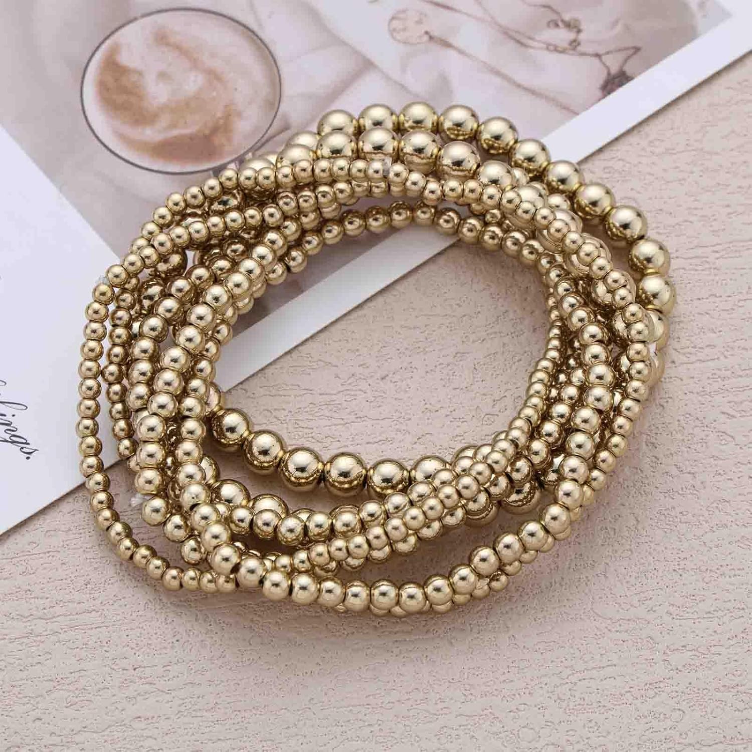 Vintage Gold Strand Stretch Bead Bracelet Layered Beaded Bracelets Elastic Round Ball Bracelet Minimalist Gold Beaded Bracelets Beads Hand Chain 7PCS Jewelry for Women - Image 6
