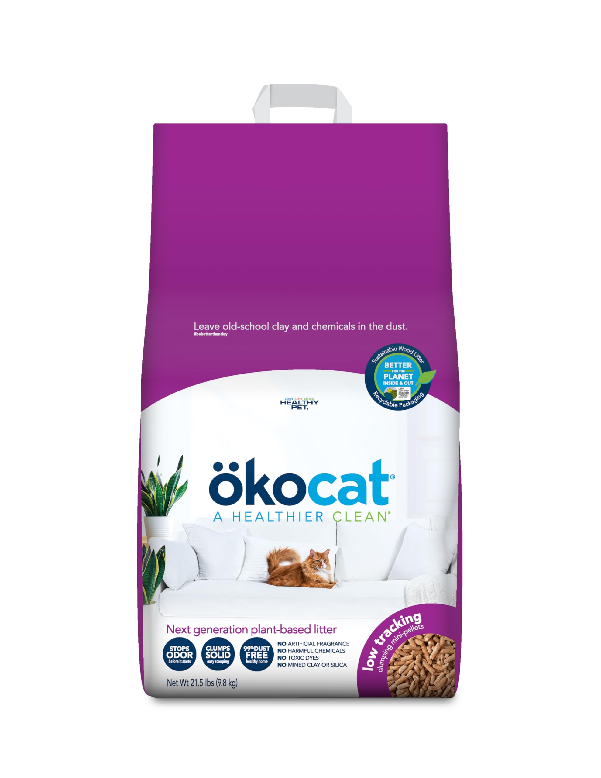 ökocat Less Mess Low Tracking Wood Clumping Cat Litter Mini- Pellets, Unscented, 21.5 pounds - Natural Ingredients, Stops Odor, Clumps Solid, 99% Dust
