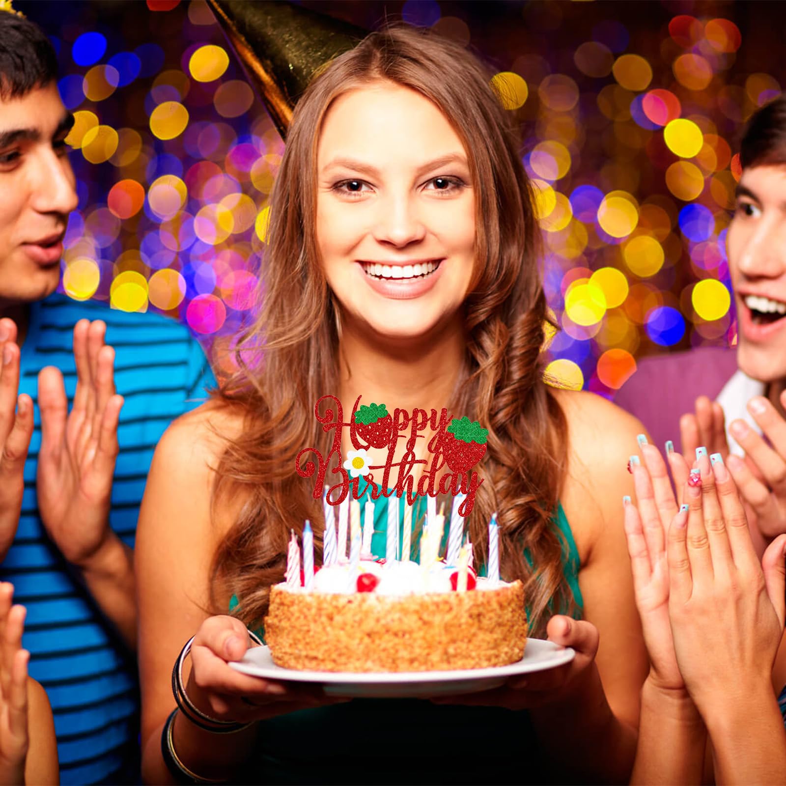 Topper Per Torta Fragola Glitterato Rosso – Decorazione Per Compleanno Donne E Ragazze Con Stuzzicadenti