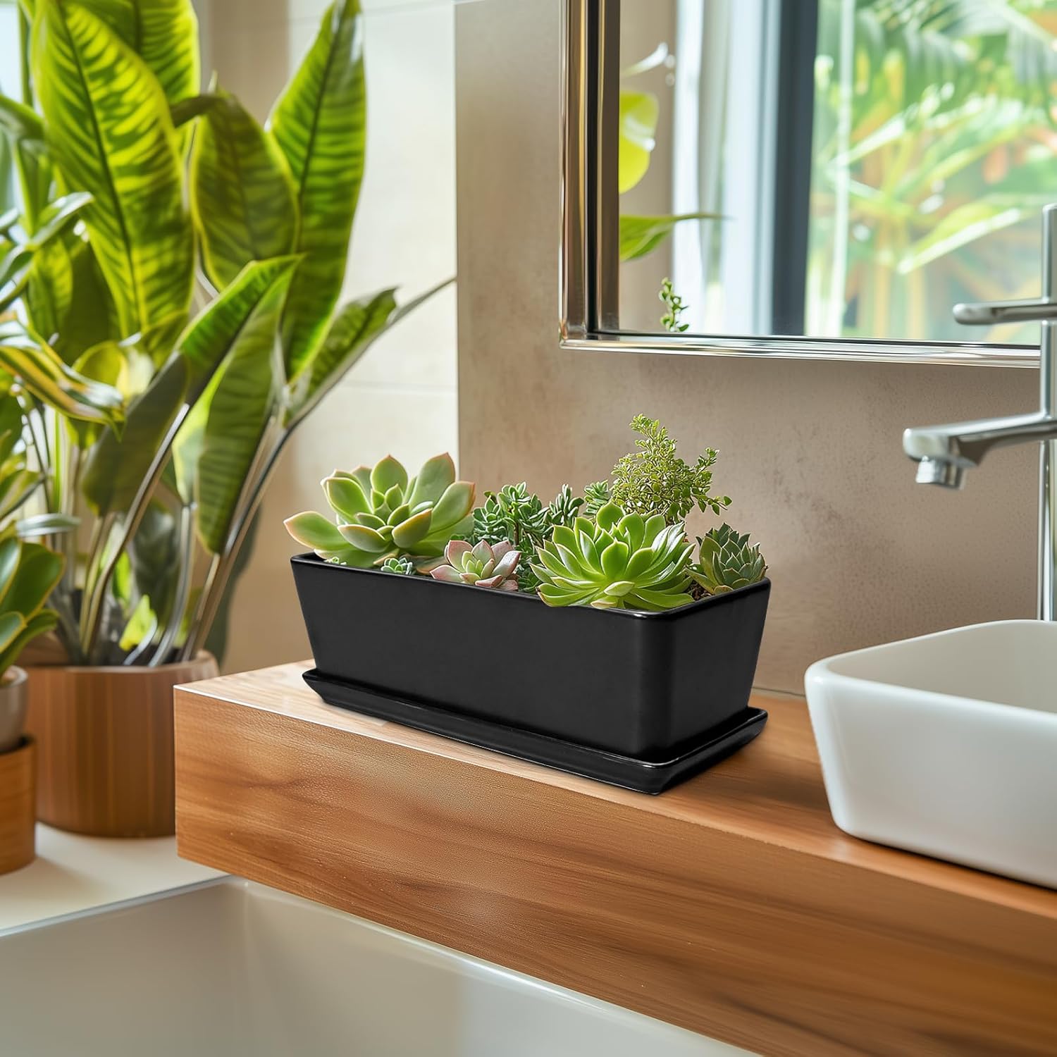 SQOWL Rectangle Planter - 10 Inch Ceramic Plant Pots with Drainage Hole and Saucer, Rectangular Succulent Planters for Indoor Plants, Flower Cactus Herb Pots Outdoor, Room Decor, Garden Gifts, Black