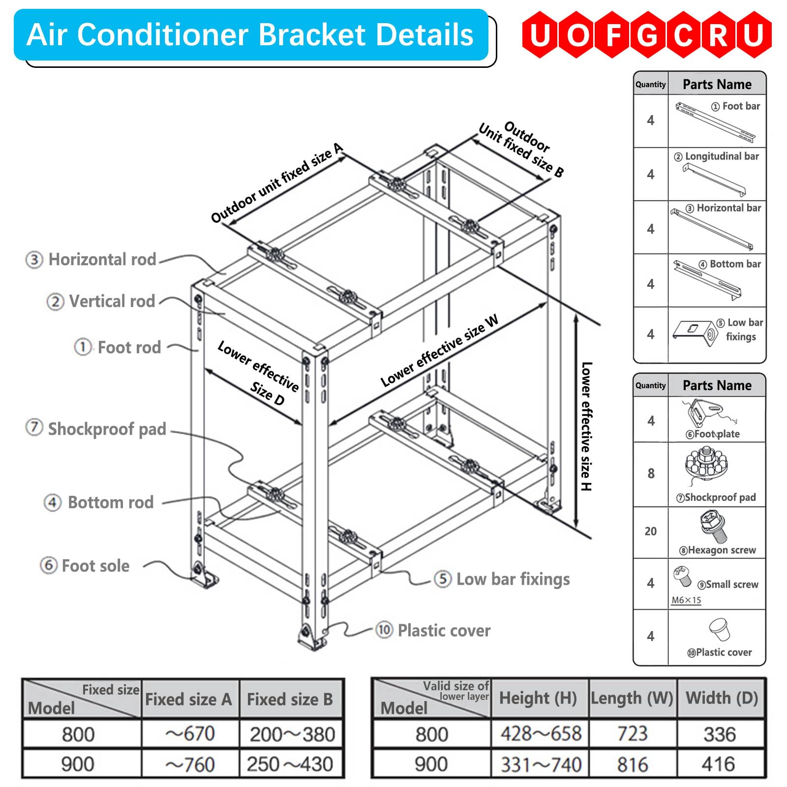 Soporte universal de aire acondicionado de acero galvanizado resistente con doble nivel, montaje en suelo para unidades mini divididas(90×90×45cm)
