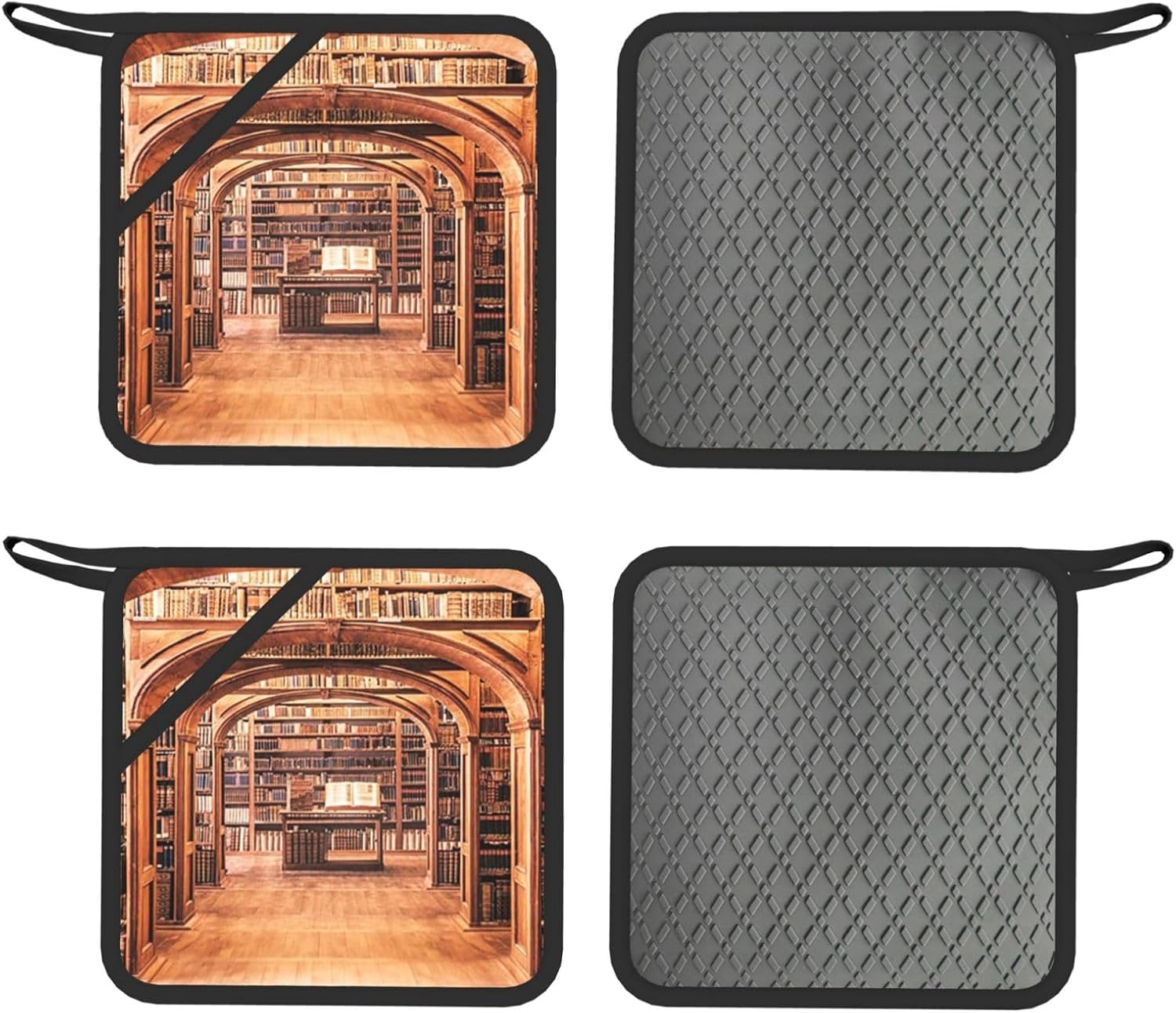 Library Bookcase Oven Mitts and Pot Holders Set of 4 Heat Resistant Kitchen Gloves with Silicone Palm Hot Pads for Baking Cooking Grilling BBQ