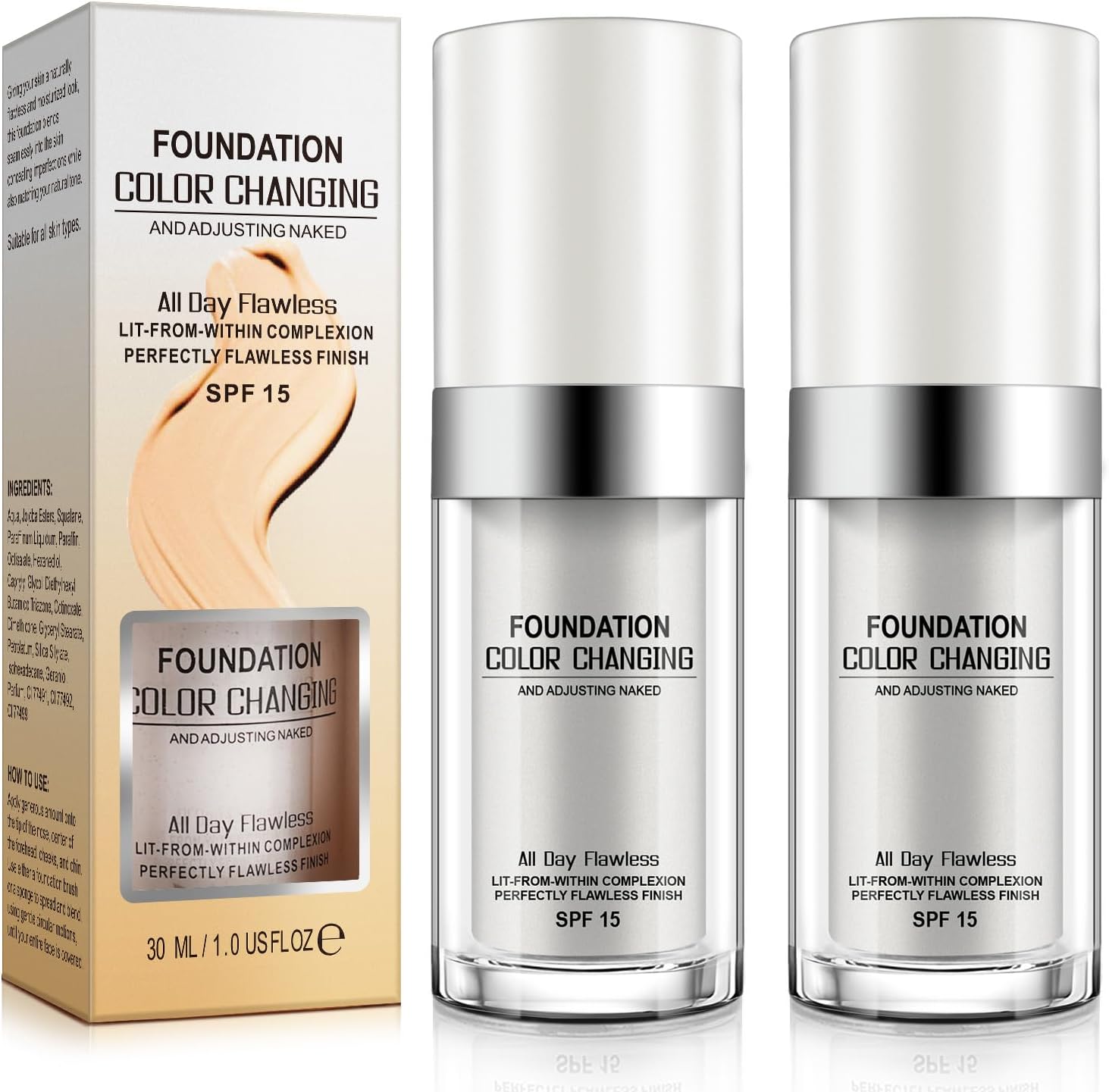 2Pcs Color Changing Foundation SPF15,Seamless Tone-Matching,Long-Lasting Hydration Nourishment, and Sun Protection for All Skin