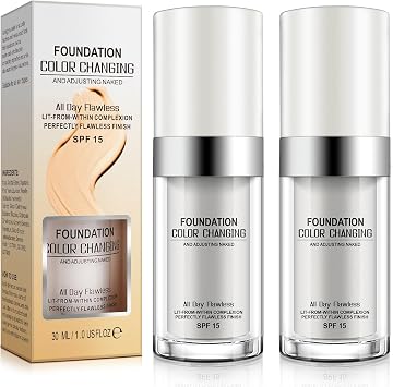 Flawless Colour Changing Foundation Makeup, 2 Pack, Base Warm Skin Tone Nude Face Moisturizing Liquid Cover Concealer Universal Shade for ALL Skin Makeup