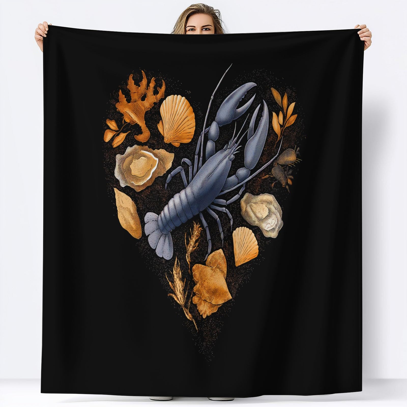 Ciepły flanelowy, ręcznie rysowany koc typu sherpa, z krabem homara, ostryga, 221 x 240 cm, miękki, przytulny, czarny, pluszowy, flanelowy, 220 x 240 cm, dla dziewcząt, dzieci, dorosłych, na kanapę