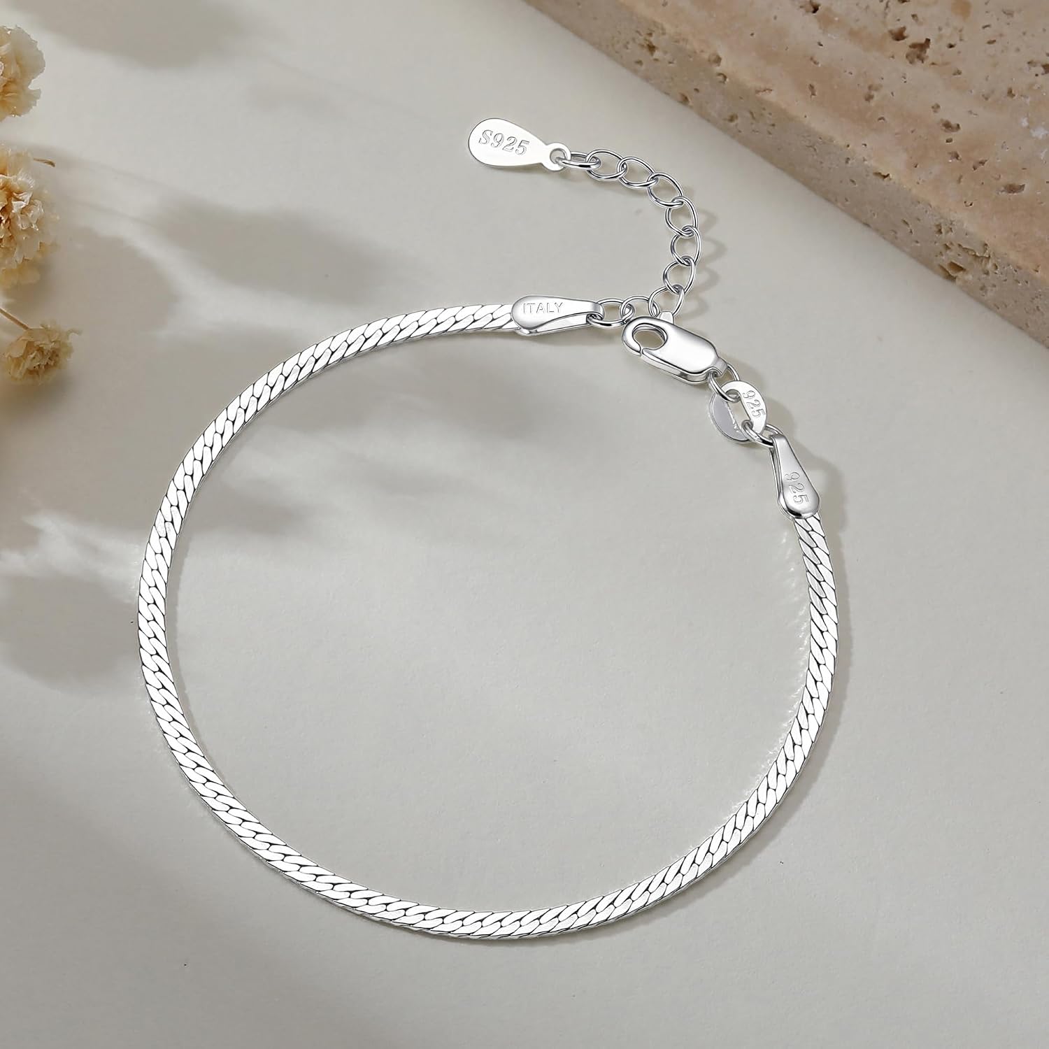 Silver Bracelet for Women, 925 Sterling Silver Herringbone Chain Bracelet for Women, Size 6.5-8 Inches, Hypoallergenic Minimalist Jewelry Gift for Women