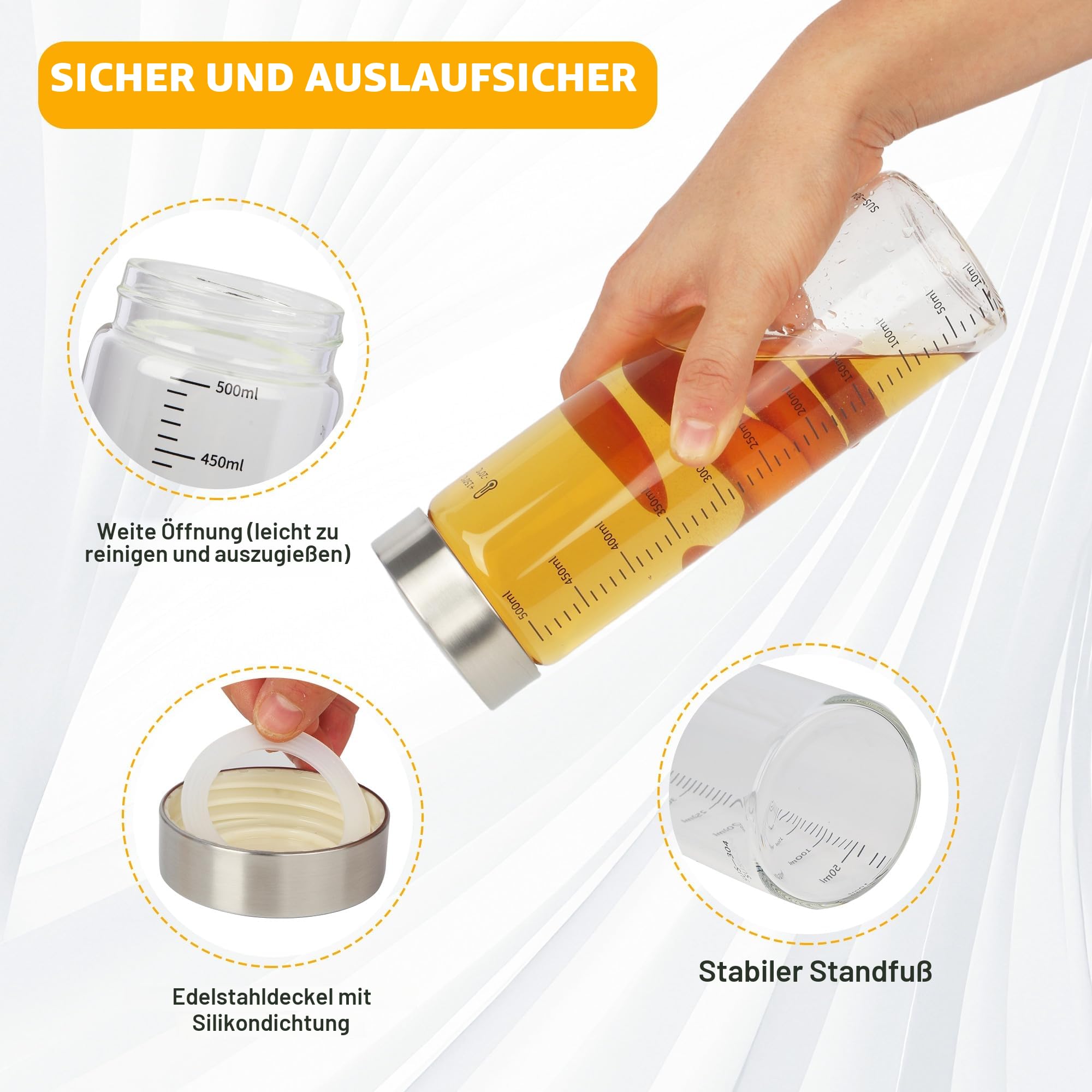4er Glasflaschen 500ml mit Edelstahl Deckel,Smoothie Gläser Sets mit Messskala,Wiederverwendbar Glaswasserflasche,Smoothie Becher to go für Säfte, Smoothies, Kaffee, Milch, Tee (500ML)