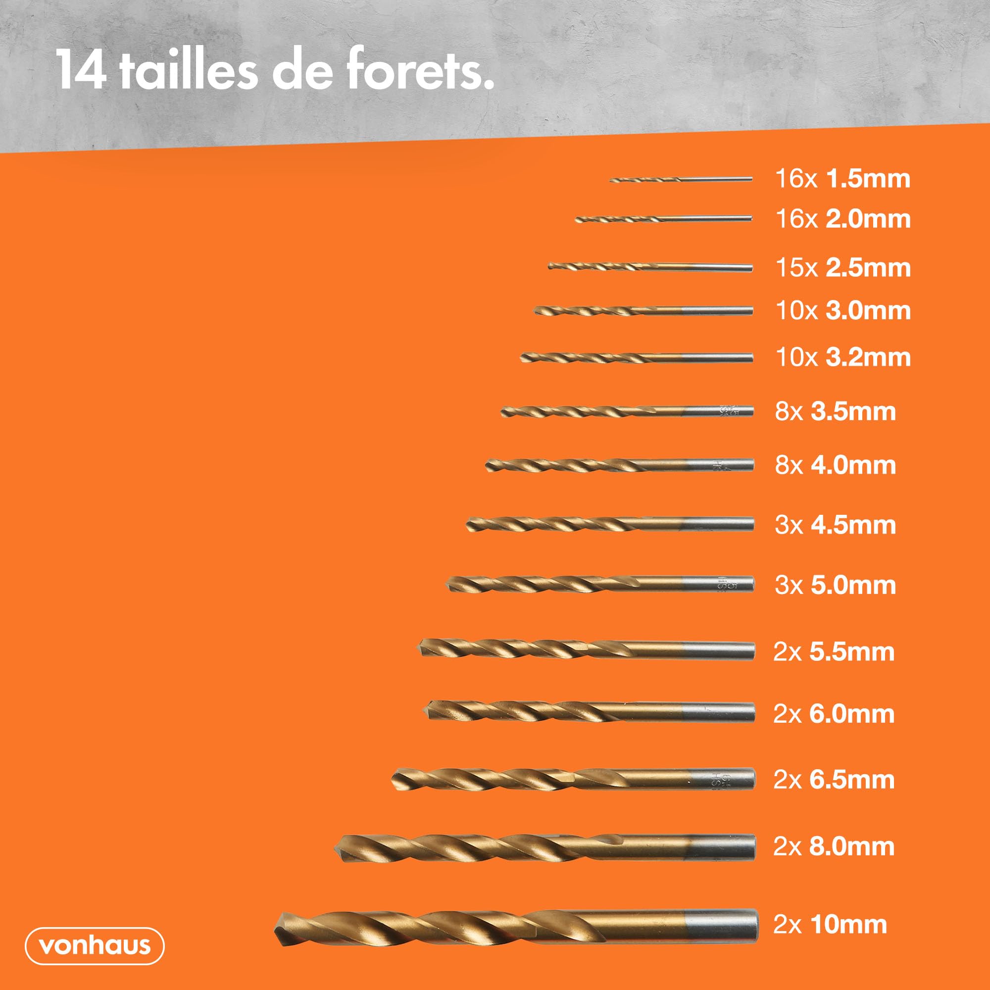 VonHaus Jeu de forets à Métaux avec Mallette de Transport - Coffret Forets Métaux - 99 Forets en Acier Rapide de 1,5 à 10 mm avec revêtement en titane - Pour Percer le Bois, la Maçonnerie et le Métal
