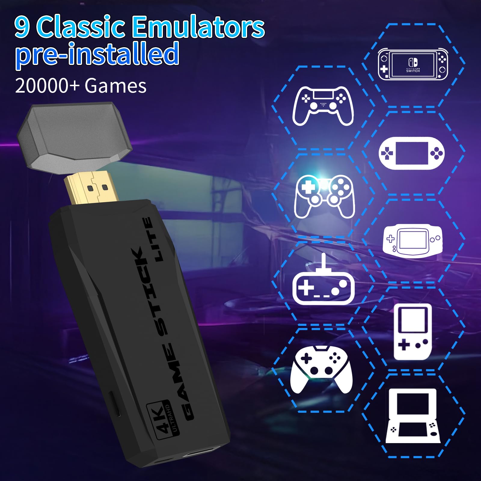 Retro Gaming Console - 20,000+ Built-in Classic Games, 18 Emulators 4K Game Console with 2 Wireless Controllers, 64GB Plug & Play Retro Video Game System for HDTV, Computer, Projector