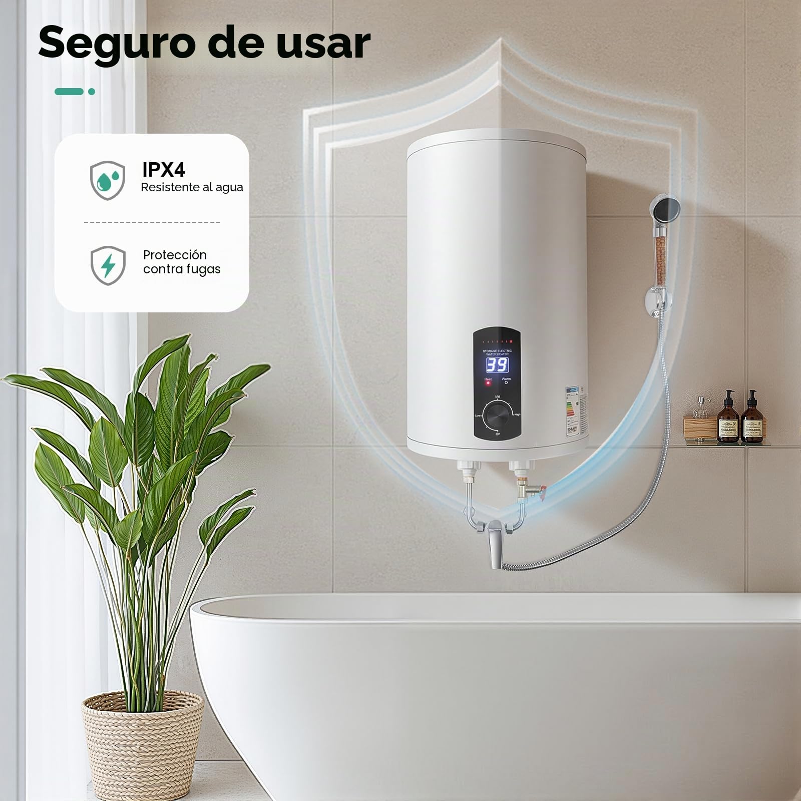 Calentador de agua eléctrico, compacto, 50 L, 80 L, 100 L, 120 L, 2000 W, IPX4, 25-75 °C, con ducha de mano y grifo para cocina y baño (50 L)