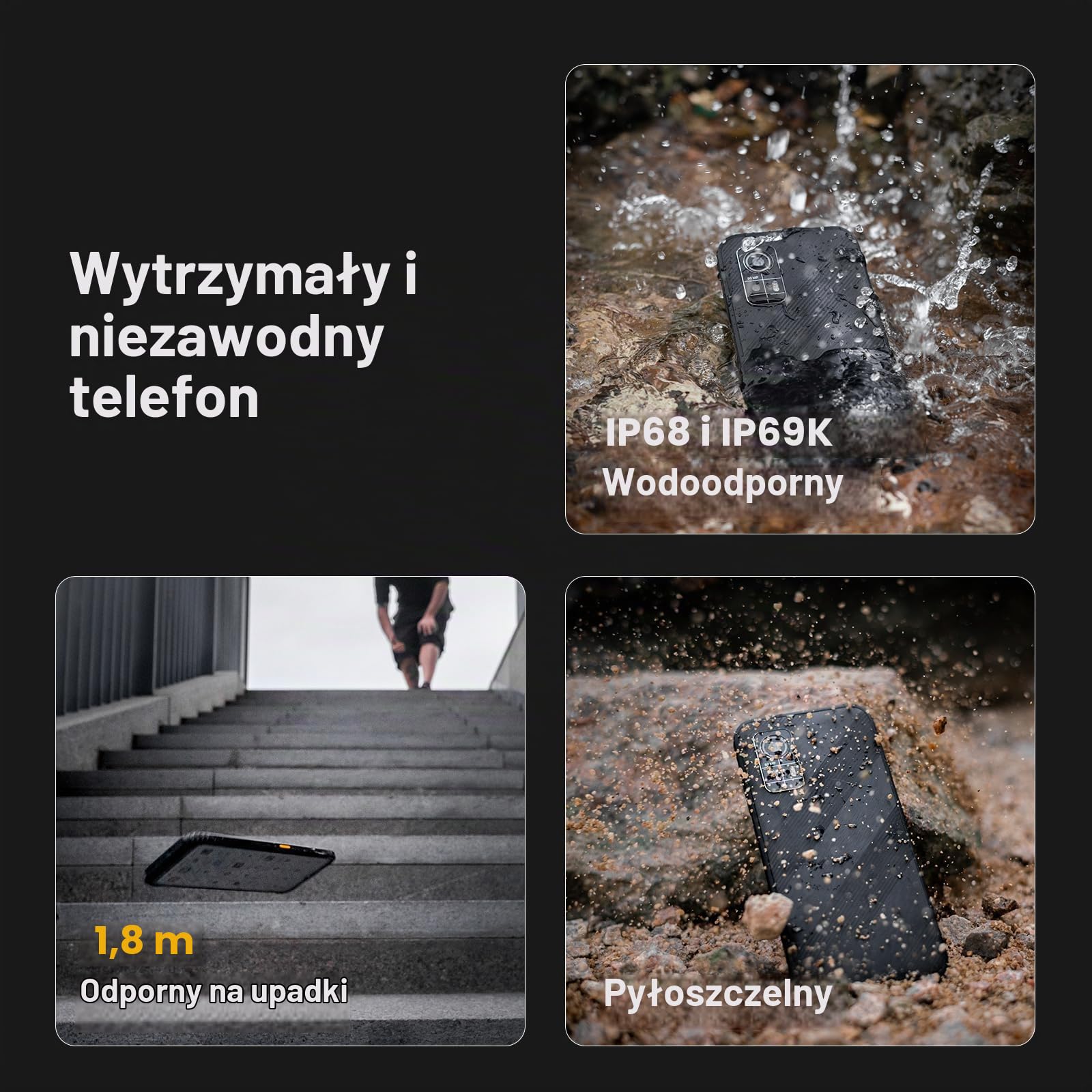 AGM Telefon komórkowy H6, wytrzymały, lekki, 16(8+8)+256GB(TF 512GB), wodoodporny Ultra cienki telefon komórkowy i darmowy smartfon, gniazdo na 3 karty, 6,56" HD+90 Hz IP68/IP69K/NFC/Face ID/Dual SIM