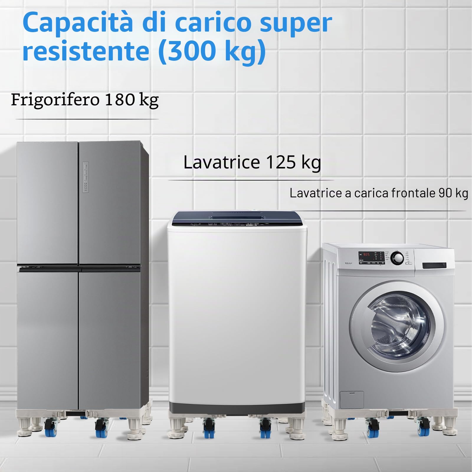 Qivine Carrello Lavatrice con Ruote 8 Piedi e 4 Ruote Base Regolabile per Lavatrice Misura Regolabile 45 a 68 cm Portata 300kg Kit Sovrapposizione Lavatrice Asciugatrice Anche per Frigorifero
