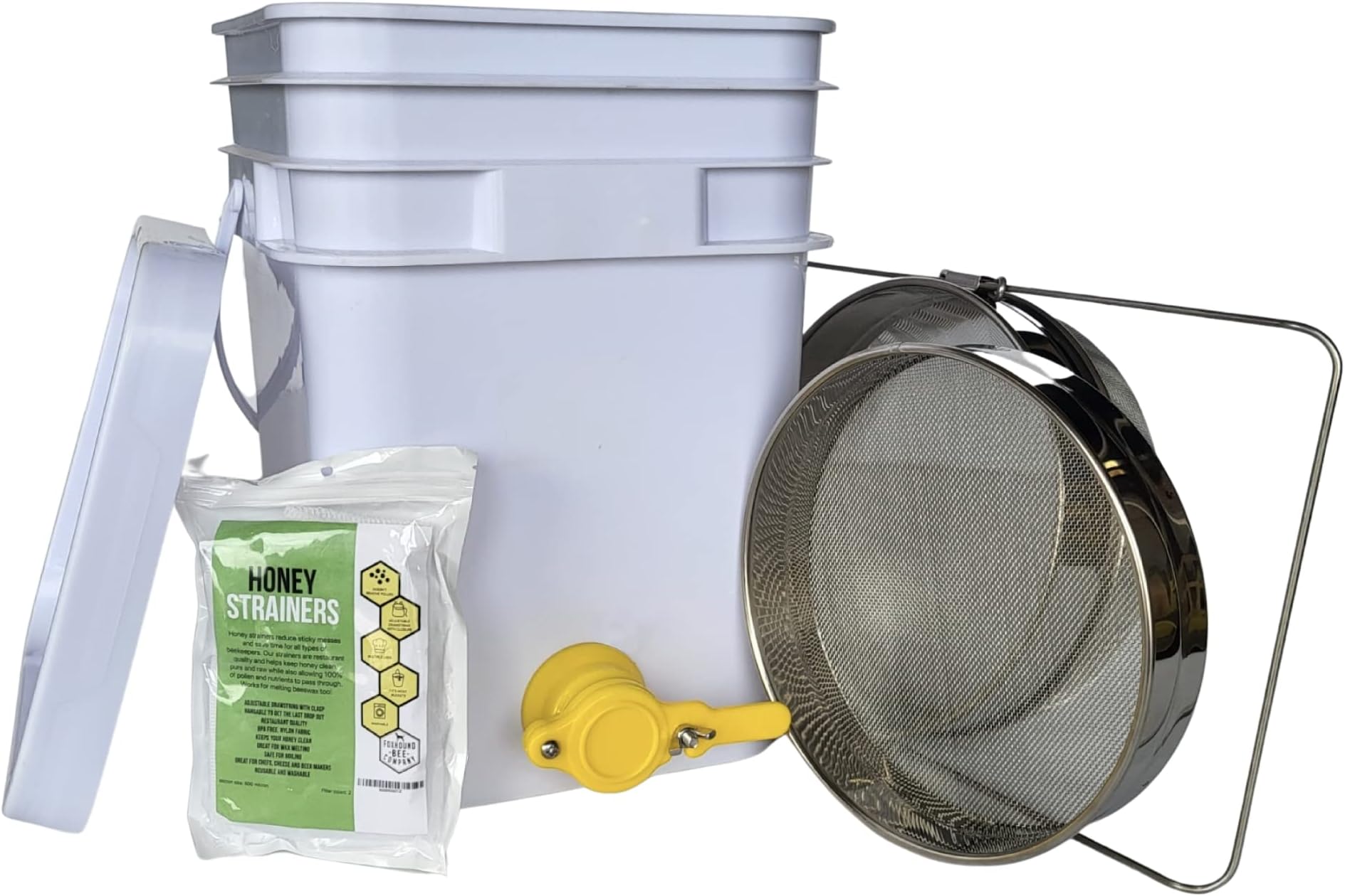 5 Gallon Beekeeping Honey Bucket Made with Food Grade Transparent Plastic, Bottling Valve, Stainless Steel Double Honey Strainer with Coarse and Fine Metal Filter, and Two Adjustable Mesh Strainers
