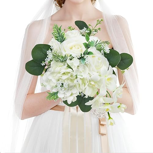 Ramos de flores artificiales blancas para novia, ramos de rosas prefabricadas, para decoración de bodas vintage o centros de mesa