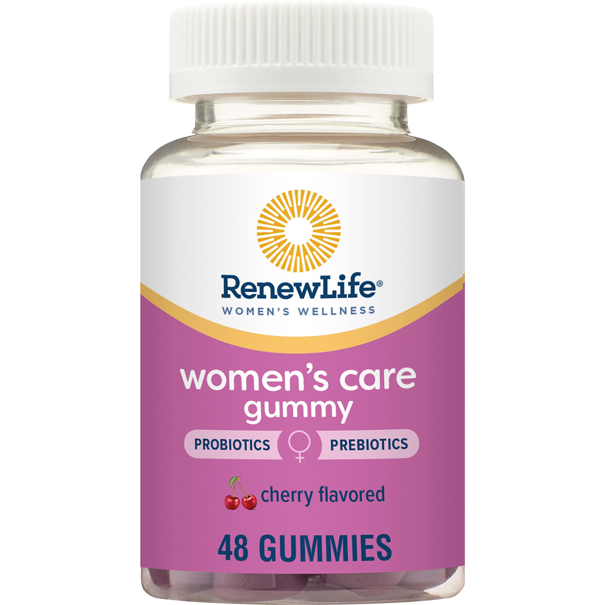 Renew LifeWomen's Care Cherry Prebiotic and Probiotic Gummies, Digestive, Urinary Tract and Immune Health, B. Coagulans and B. Subtilis, Dairy, Soy and gluten-free, 2 Billion CFU 48 Count