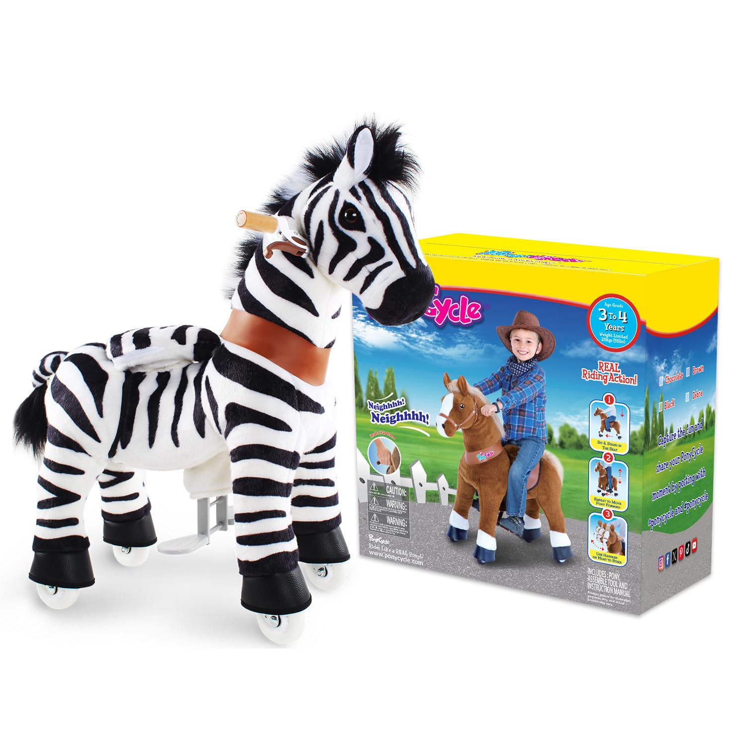 PonyCycle® Zebra Schaukelpferd | für Kinder 3–4 Jahre, 76cm | Plüsch Zebra Reitpferd mit Handbremse | Zebra auf Rollen, Schaukeltier, Kindergeburtstag | Klassisches Modell U – Ux368