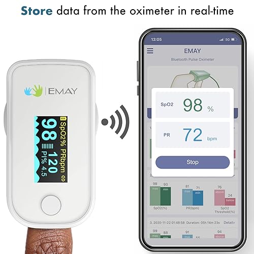 Miniatura 2 de EMAY Oxímetro de pulso Bluetooth  Monitor de saturación de oxígeno en sangre y frecuencia cardíaca  Compatible con teléfonos inteligentes iOS y