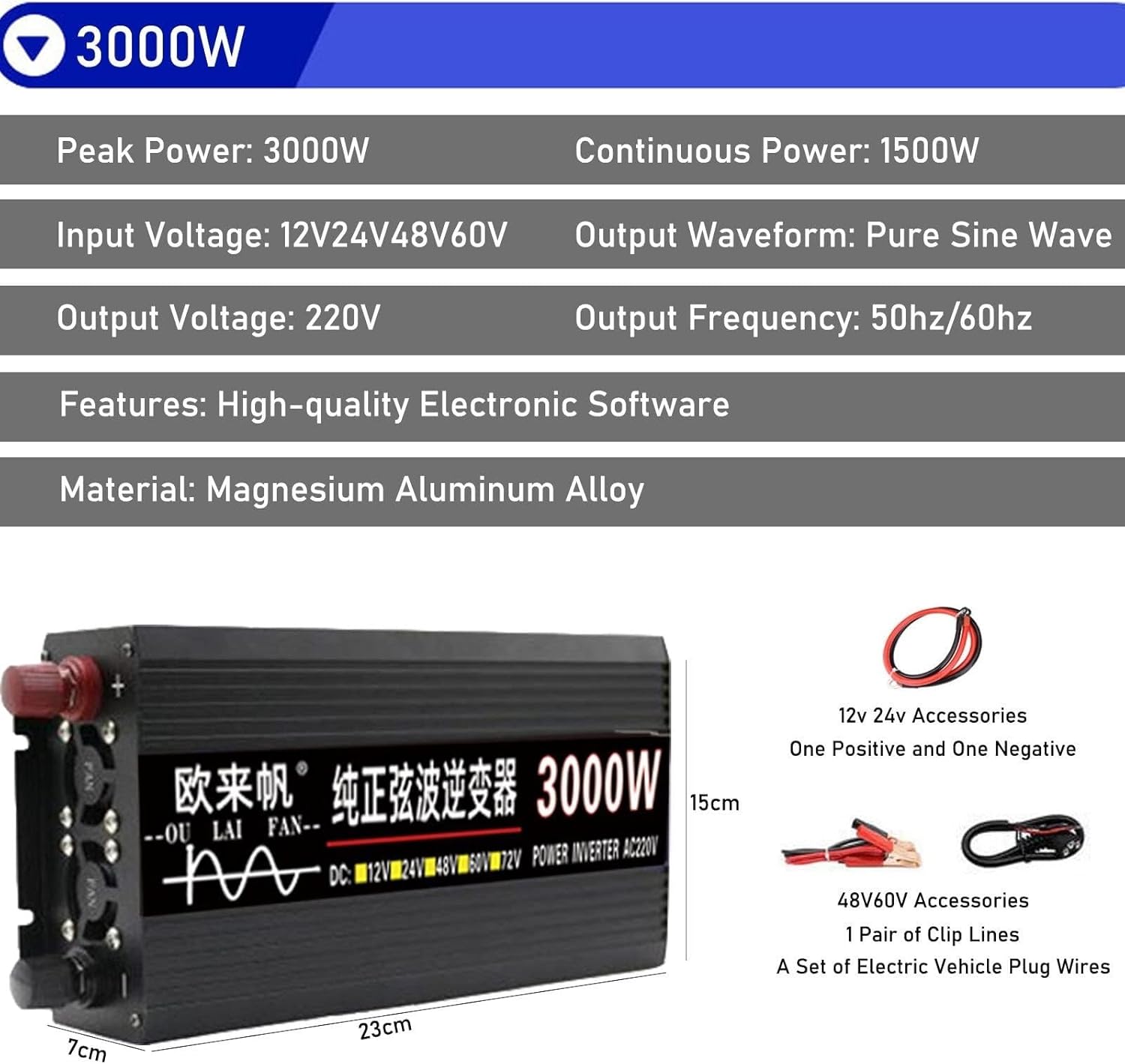 3000W Pure Sine Wave Inverter, 48V to 220V AC Converter, High Power Solar Vehicle Transformer, Ideal for Home & RV, 110V/230V AC Outlets, Peak 4000W