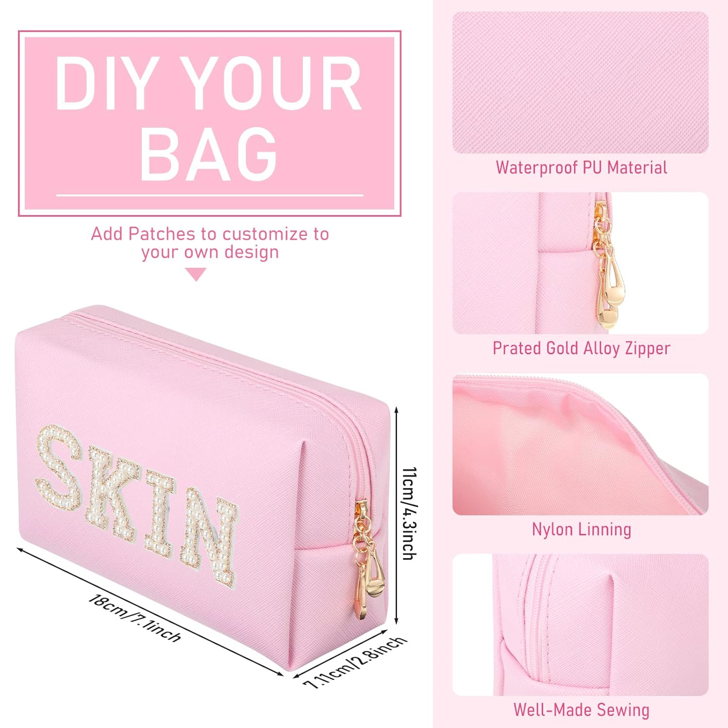 Gerrii 6 Pcs Preppy Patch Makeup Bag PU Leather Cosmetic Pouch Waterproof Cosmetic Pouch with Zipper Portable Travel Toiletry Organizer Bag Makeup Case Gift for Women Friends(Pink) - Image 2