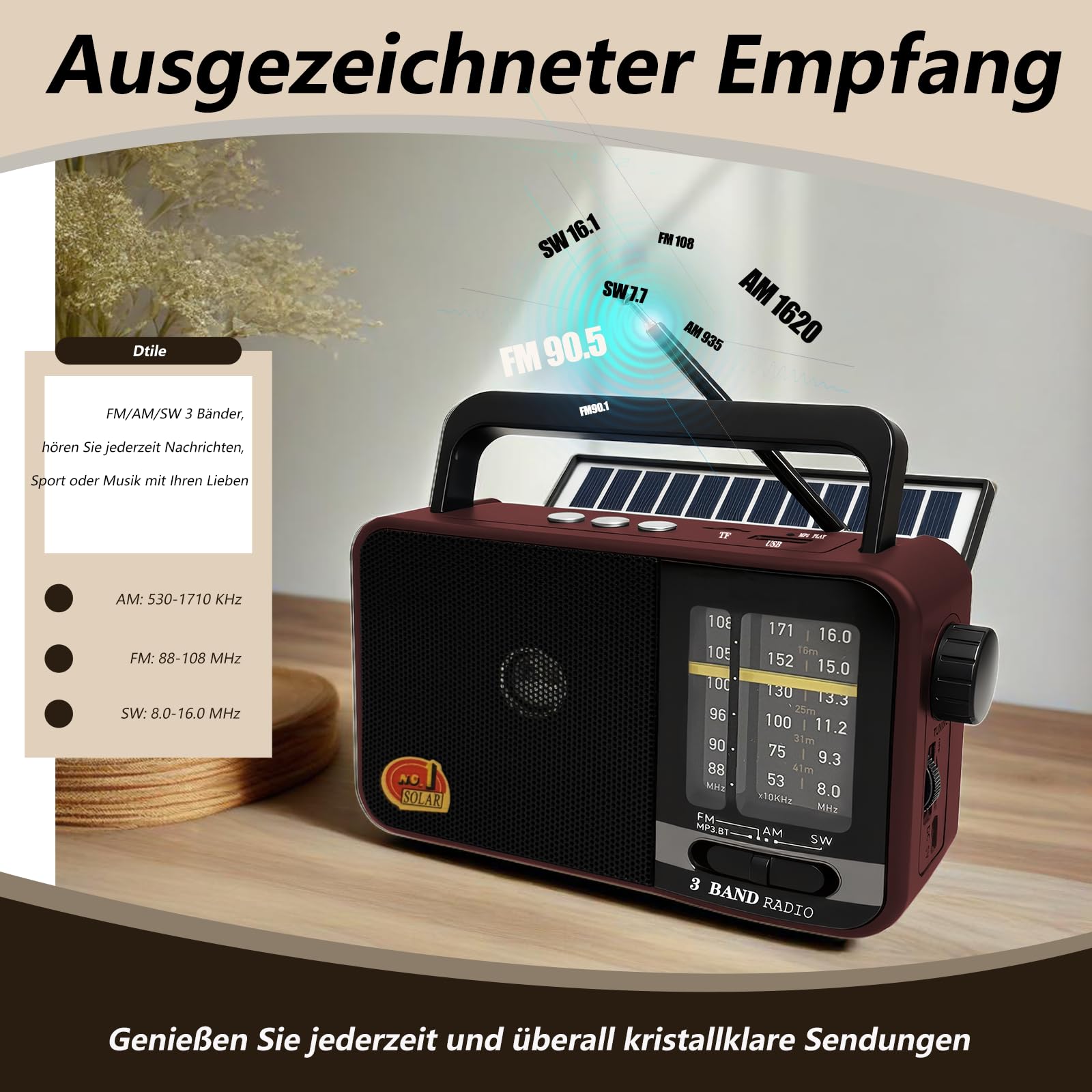 Bluetooth Radio mit Solarzelle, AM/FM/SW Kofferradio mit 1200-mAh-Akku, 8-W-Lautsprecher, USB/TF/TWS, tragbar für Küche, Garten und Camping (Red)