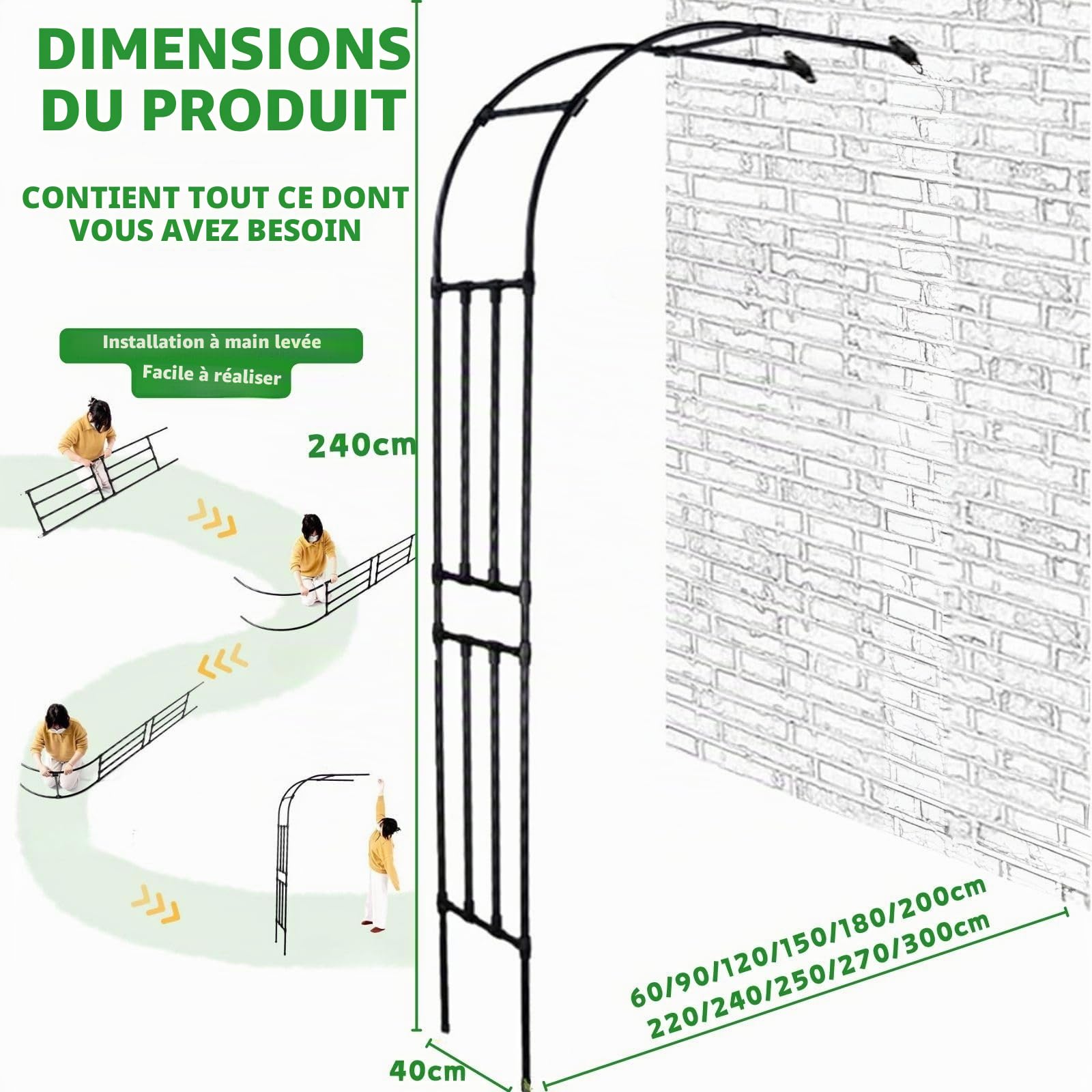 Arche Rosier Exterieur Pergola Jardin Métal Support Plante Grimpante Tonnelle Demi-latérale Treillis 60x240cm 200x240cm 270x240cm Facile À Assembler Décoration Entrée(W:200cm*H:240cm)