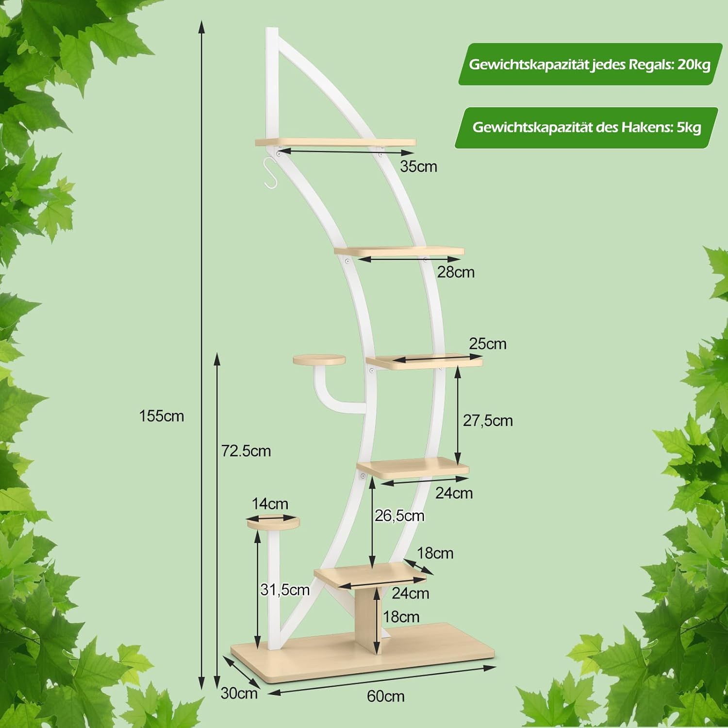 Diagram showing the dimensions of the plant stand in centimeters.