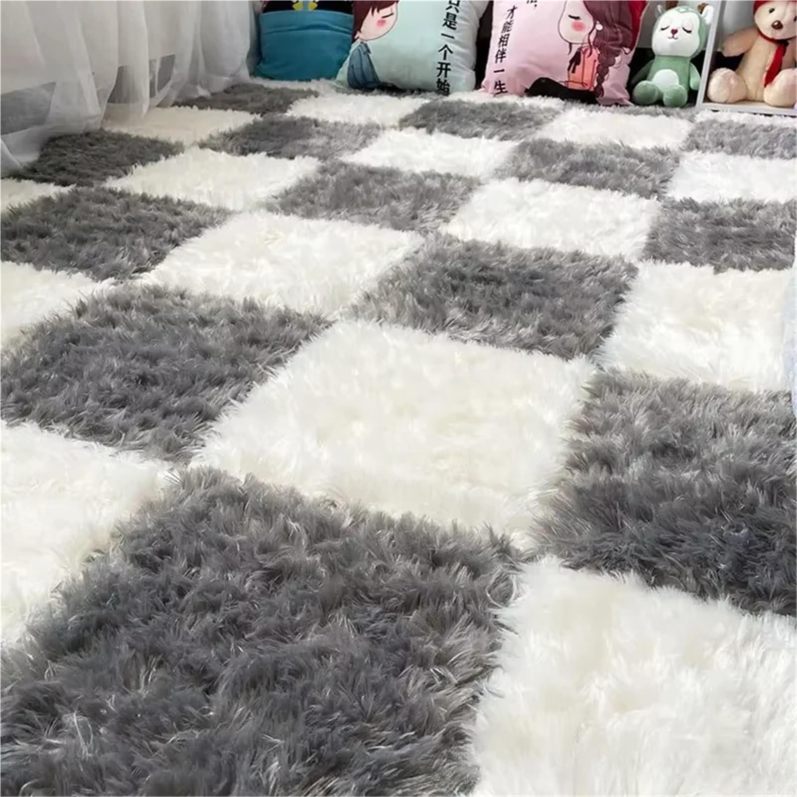 Pluszowa mata puzzlowa, Pluszowe puzzle Piankowa mata podłogowa 10 szt. Łączące się puszyste płytki dywanowe Wielokolorowe 30x30x1CM(Gray)