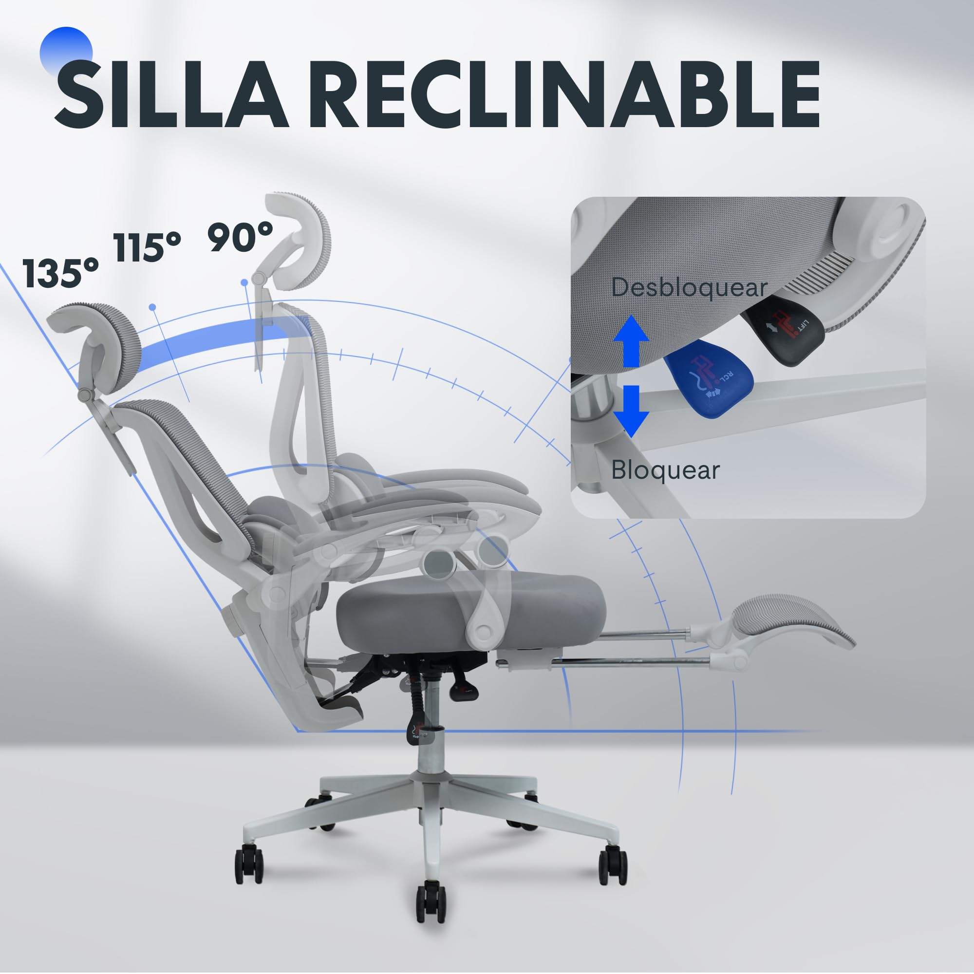 FLEXISPOT OC4 Silla Ergonomica Escritorio con Reposapiés, Silla Escritorio con Soporte Lumbar 3 Zonas, Reclinable 135°, Cojín Transpirable, Altura Ajustable, Ideal Oficina y Teletrabajo, Gris