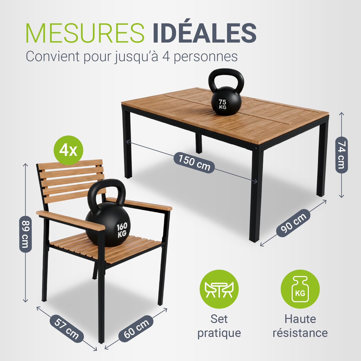 Juskys Salon de Jardin en Bois d'acacia Rhodos - Table, 4 chaises & Coussins - Mobilier de Jardin en Bois, 5 pièces - Meubles de Balcon - Mobilier d'extérieur Bois Naturel & Noir