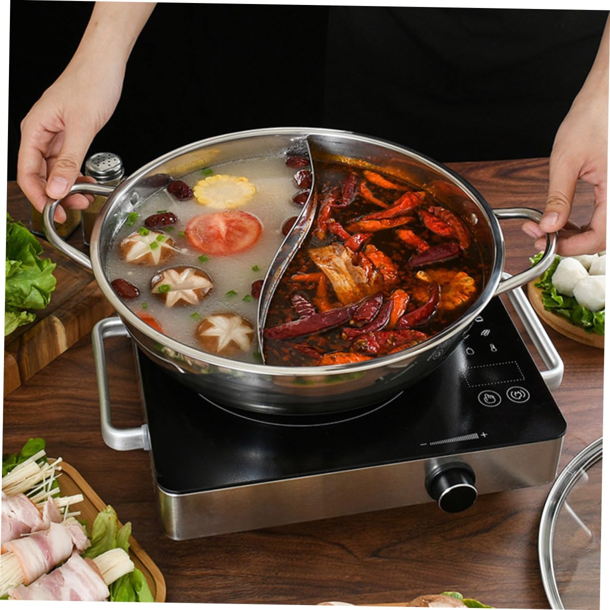 Toyvian Marmite à Fondue Chinoise Inox 32 Cm Double Saveur Avec Passoire En Acier Inoxydable, Compatible Gaz Et Induction, Batterie Cuisine Pour Repas Convivial En Intérieur, Ensemble 4 Pièces