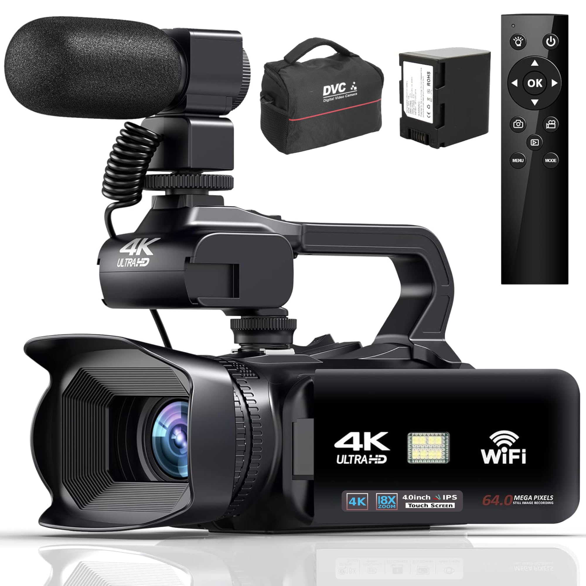 Sxhlseller Videocamera 4K per Vlogging Con Zoom Digitale 64MP 18x, Touch Screen da 4 Pollici, Microfono, Telecomando, Luce di Riempimento, Professionale