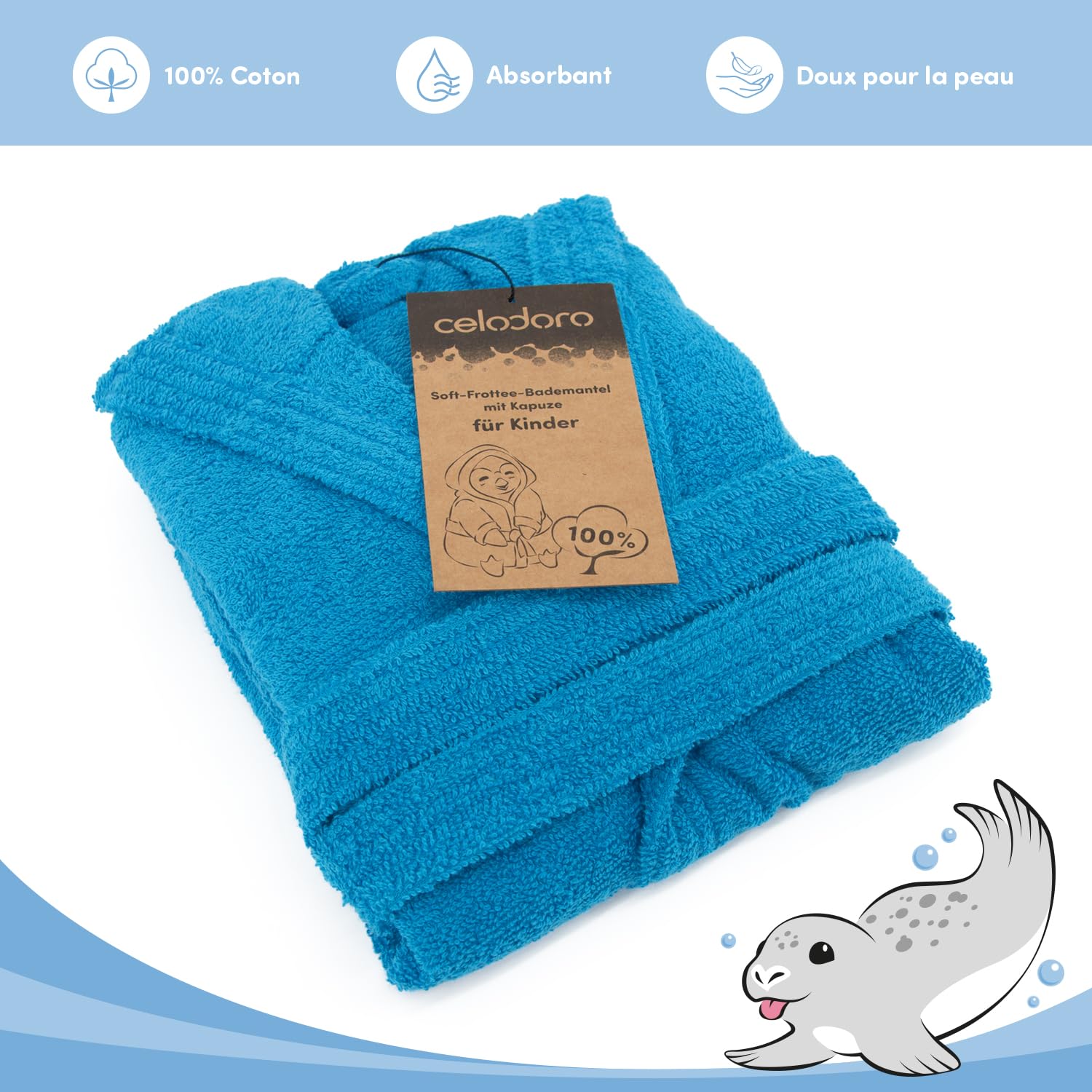 Celodoro Peignoir à capuche pour enfant fille et garçon, coton doux et moelleux
