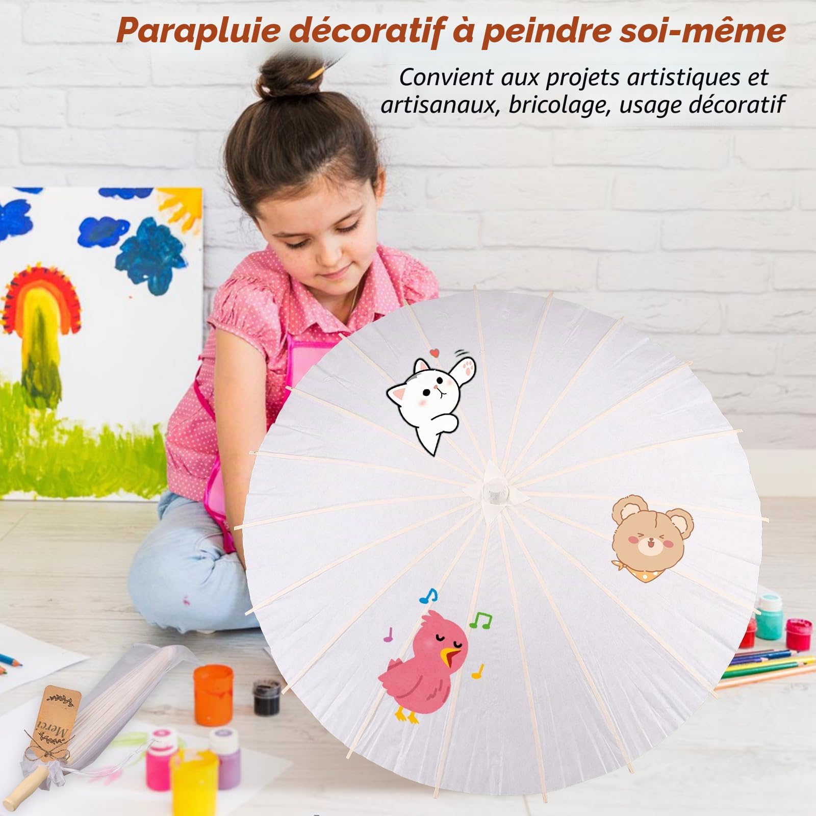 Kklolai 60cm Wedding Paper Parasol Umbrellas Set Thank You Cards White Drawstring Bag Favors Chinese Japanese Umbrella DIY Oiled Paper Painting Parasol for Photography Props Bridal Decor