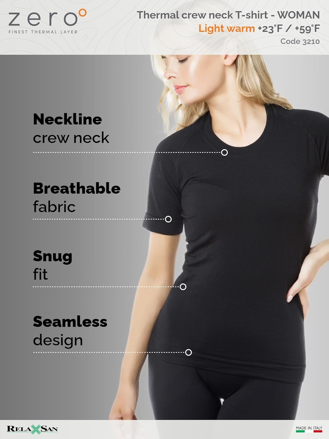 Relaxsan Zero 3210 – Women's Thermal Short Sleeves Breathable T-Shirt Baselayer in Dryarn Fiber and Merino Wool