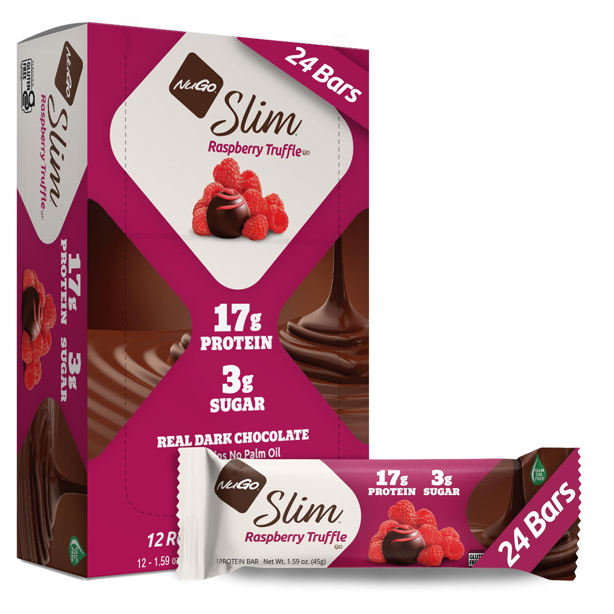 NuGoSlim Dark Chocolate Raspberry Truffle, 17g Protein, 2g Sugar, 7g Fiber, Low Net Carb, Keto Friendly, Gluten Free, 24 Count