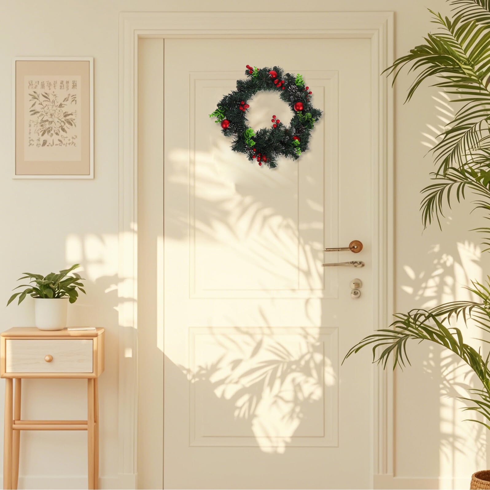 Cabilock Navideña Artificial LED con Bayas Rojas Piñas Bolas y Agujas de Pino para Puerta Frontal Pared o Ventanas Decoración Exterior Interior para Fiestas