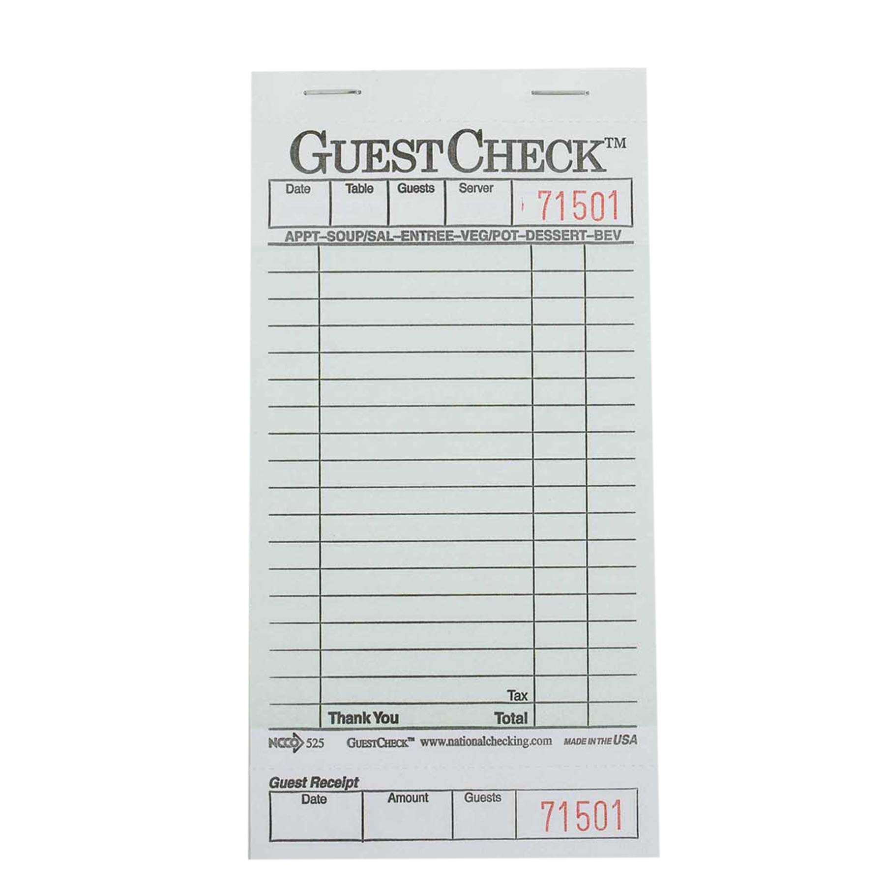 Guestcheck Board - 1Part by NCCO – Cardboard, Green, Pack of 2500